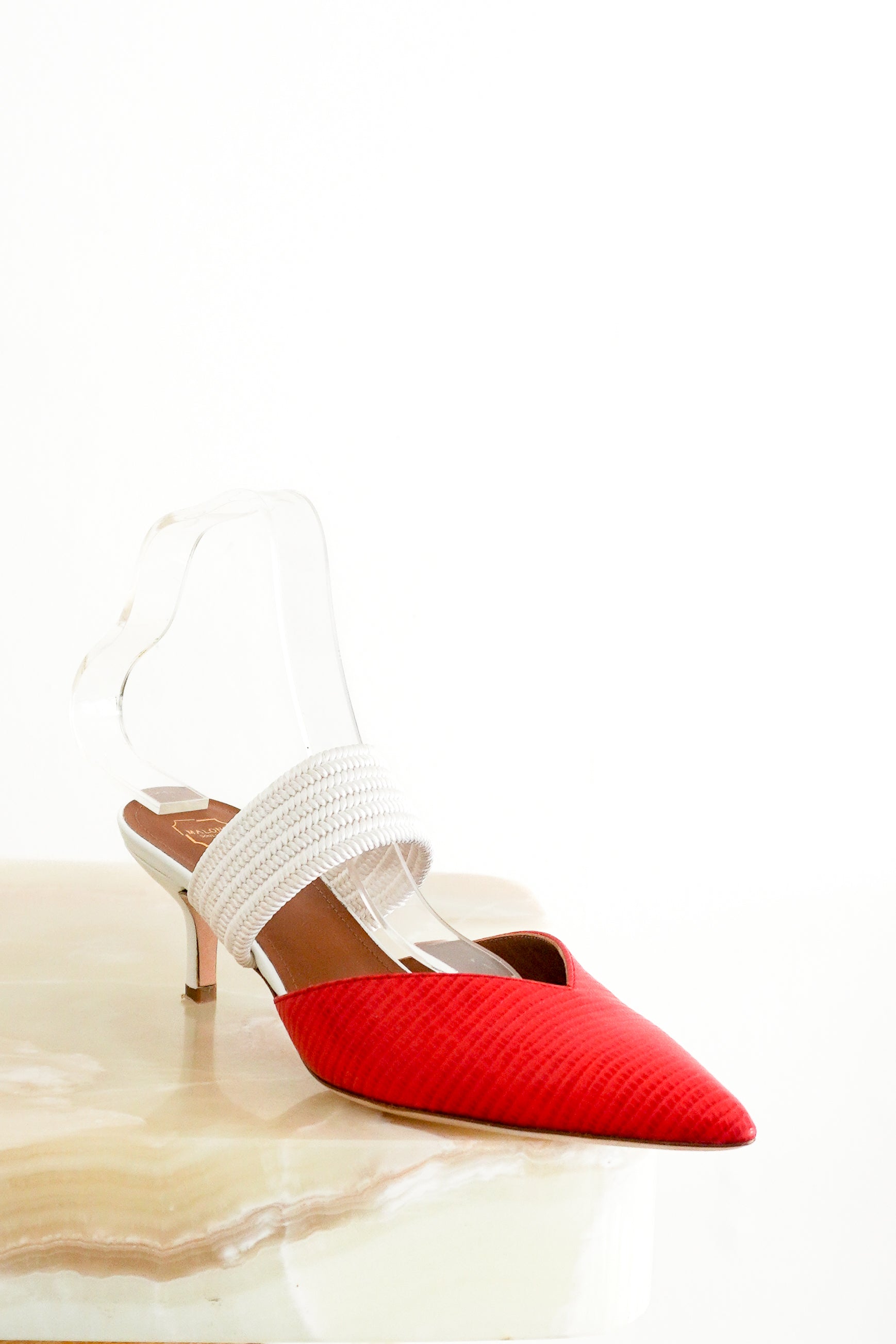 NEW Malone Souliers Maisie 45 Cord-Trimmed Leather Mules in Red and White (RRP £565) | Authentic Preloved