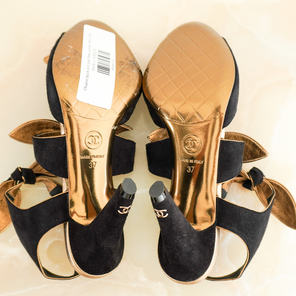 Chanel Black & Gold Suede Bow High Heel Sandals (RRP £1000) | Authentic Preloved