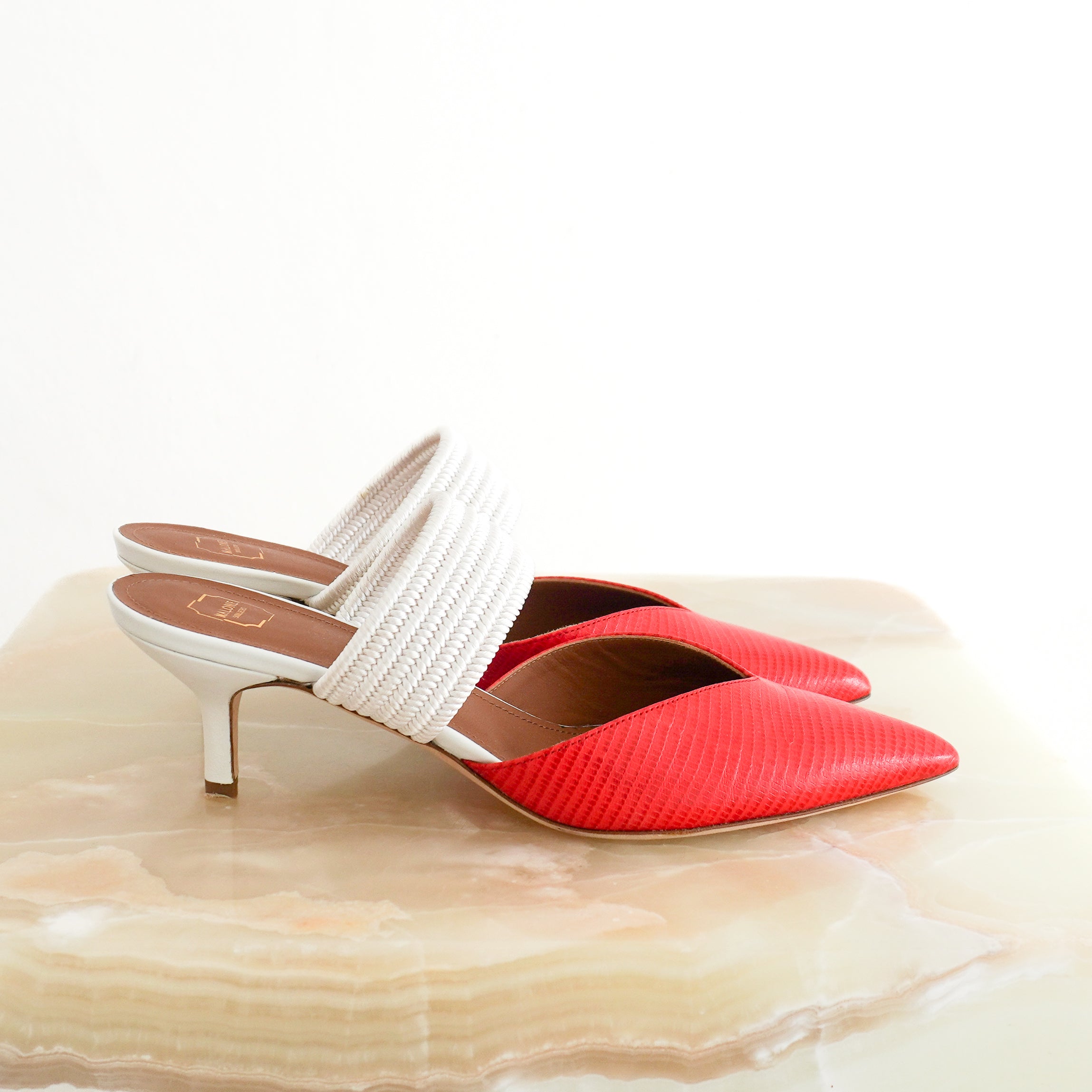 NEW Malone Souliers Maisie 45 Cord-Trimmed Leather Mules in Red and White (RRP £565) | Authentic Preloved