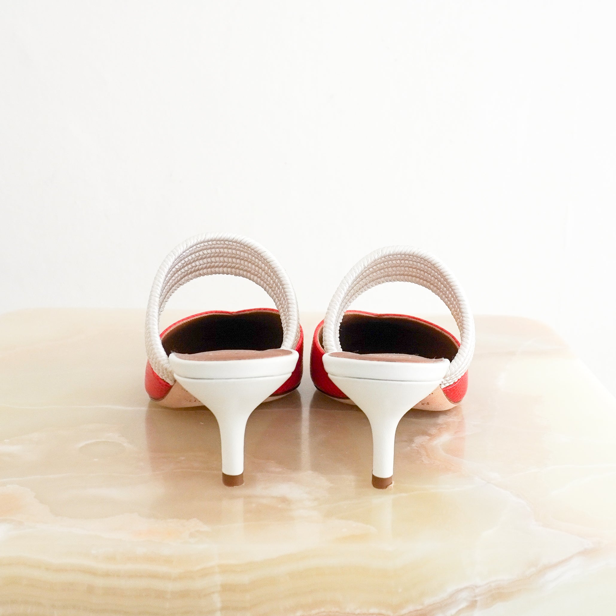 NEW Malone Souliers Maisie 45 Cord-Trimmed Leather Mules in Red and White (RRP £565) | Authentic Preloved