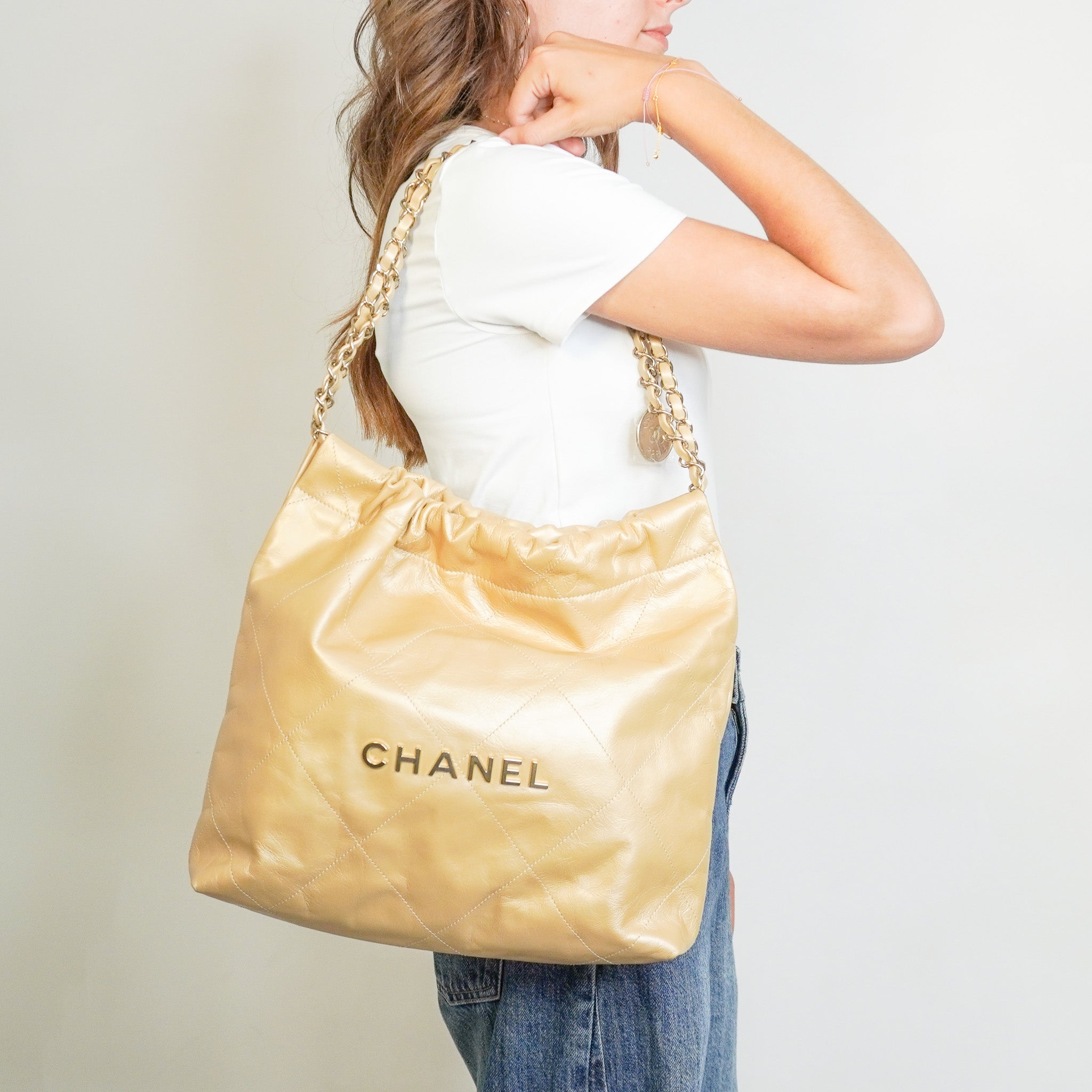 NEW Chanel 22 Small Hobo Bag in Gold Shiny Calfskin | Authentic Preloved