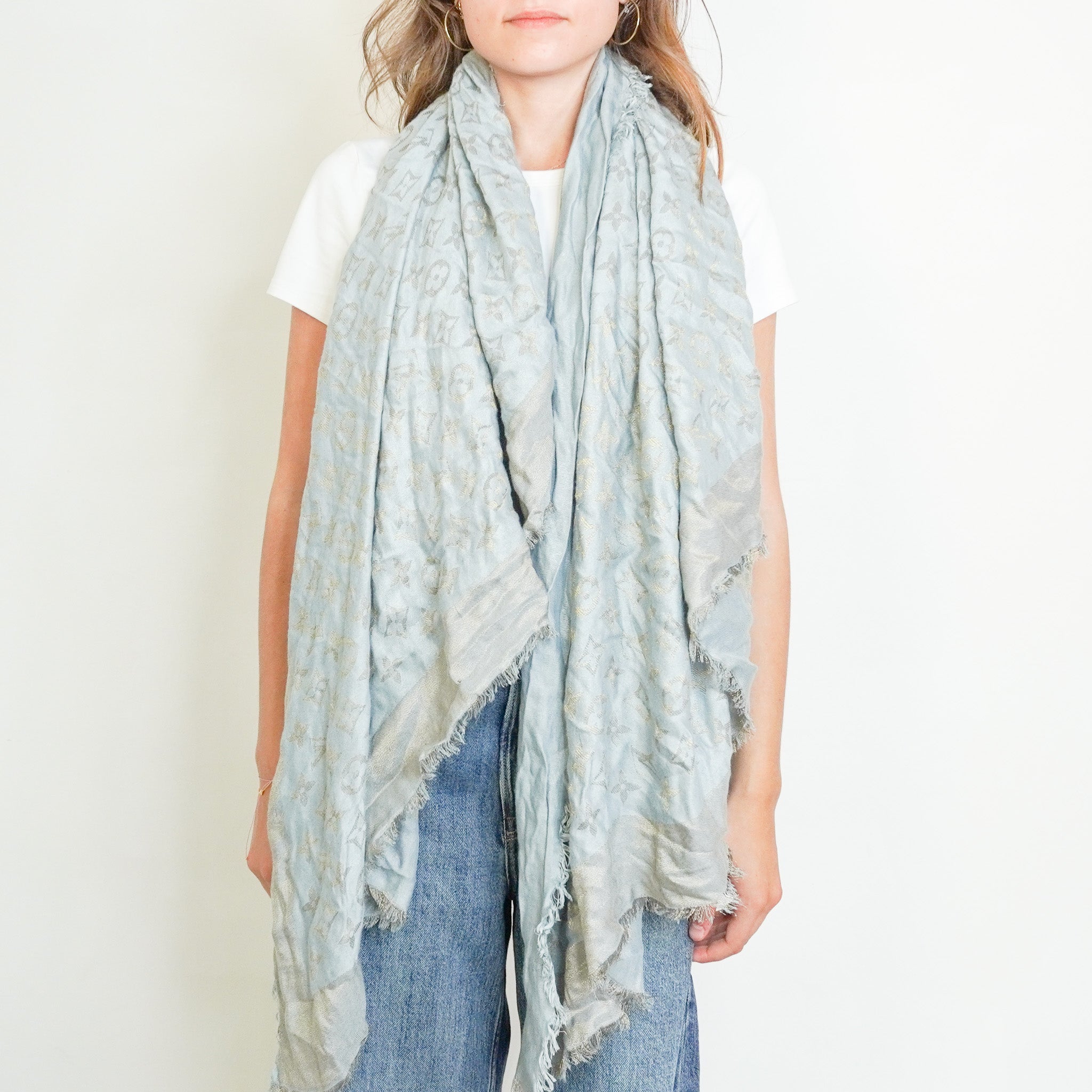 Louis Vuitton Blue and Silver Monogram Scarf (RRP £535) | Authentic Preloved FINAL SALE