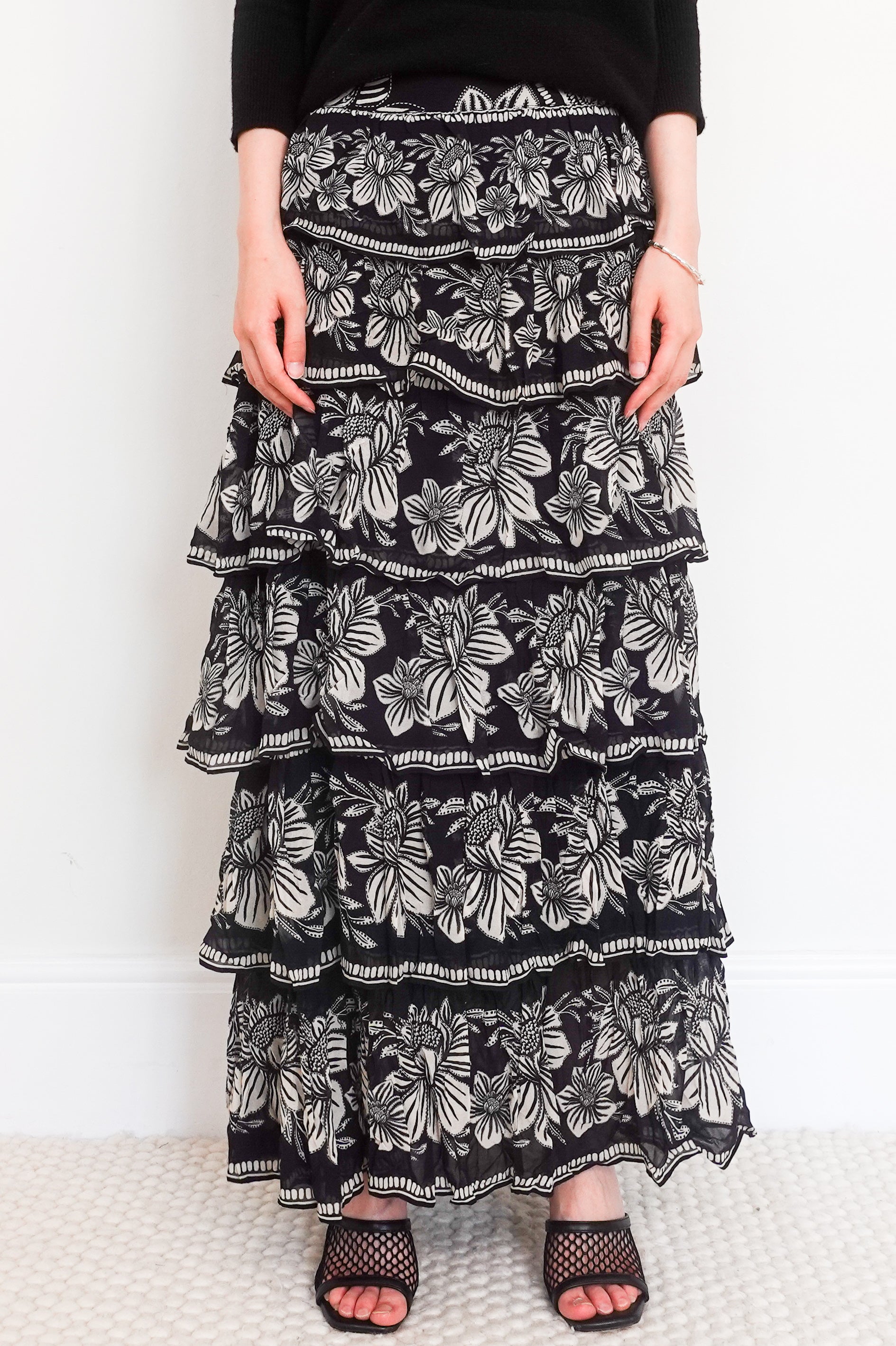 Black paisley bloom tiered skirt RRP £230