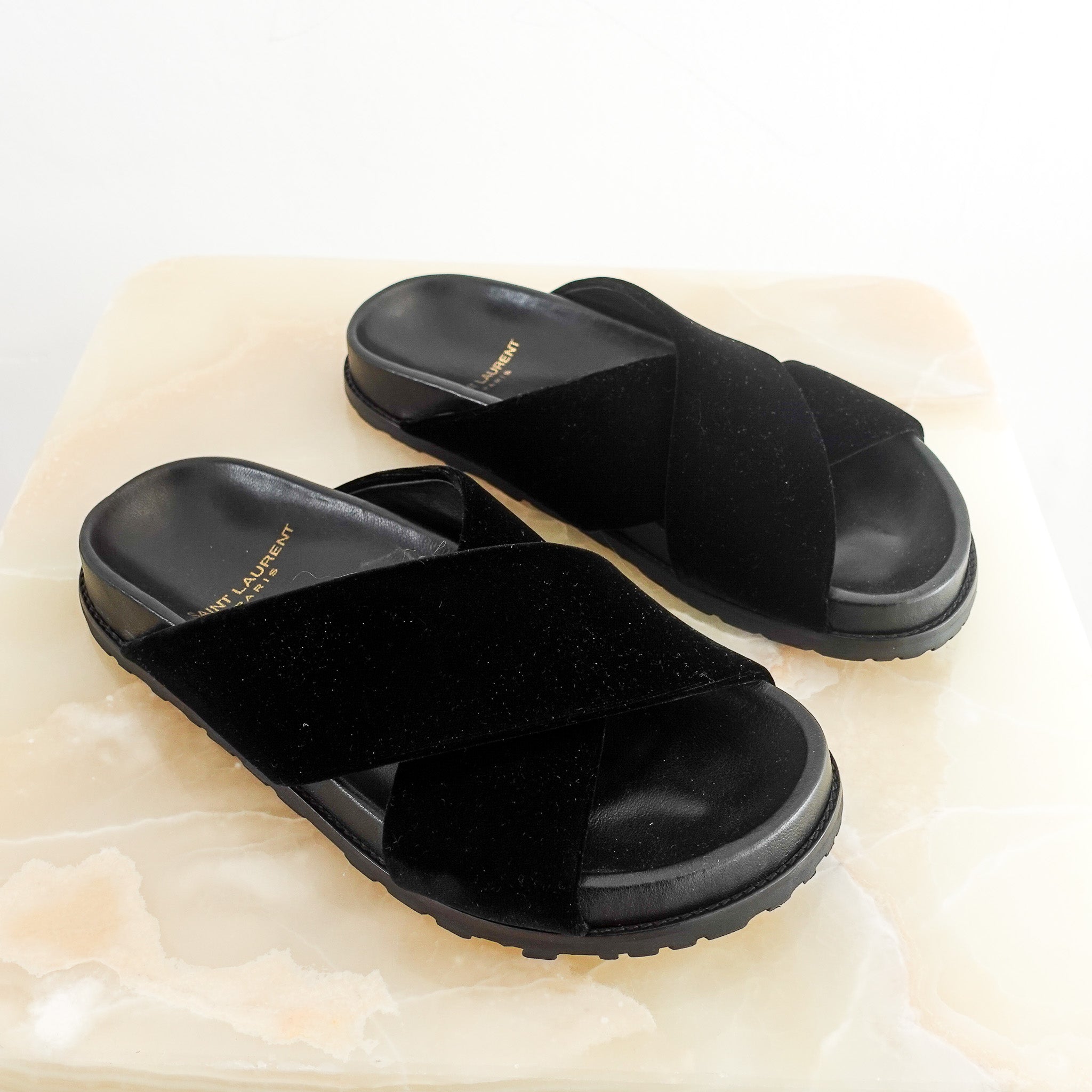 Saint Laurent Jimmy Joan Black Velvet Slides RRP £625 | Authentic Preloved