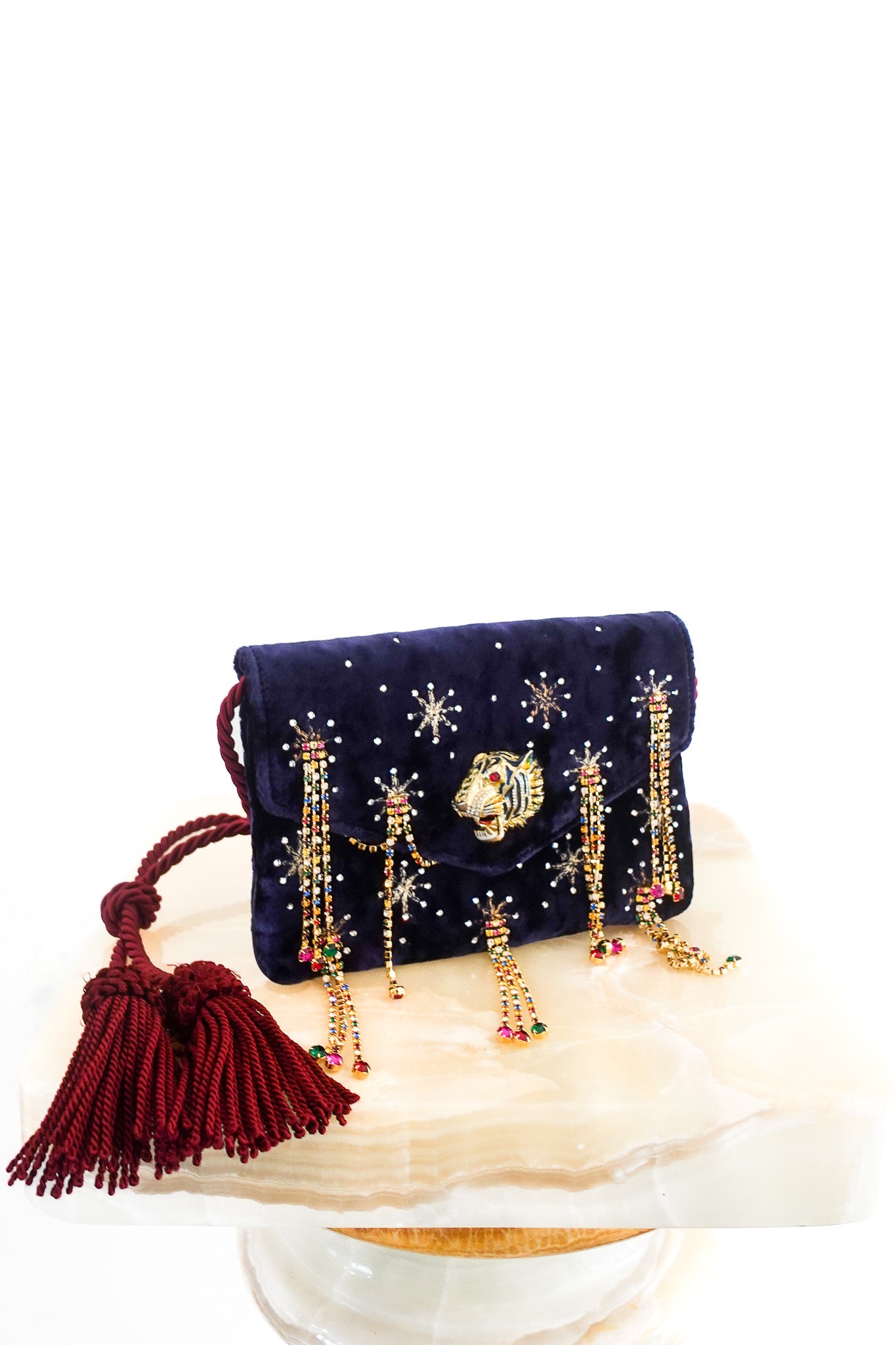 Rajah navy velvet embellished shoulder bag RRP £2k