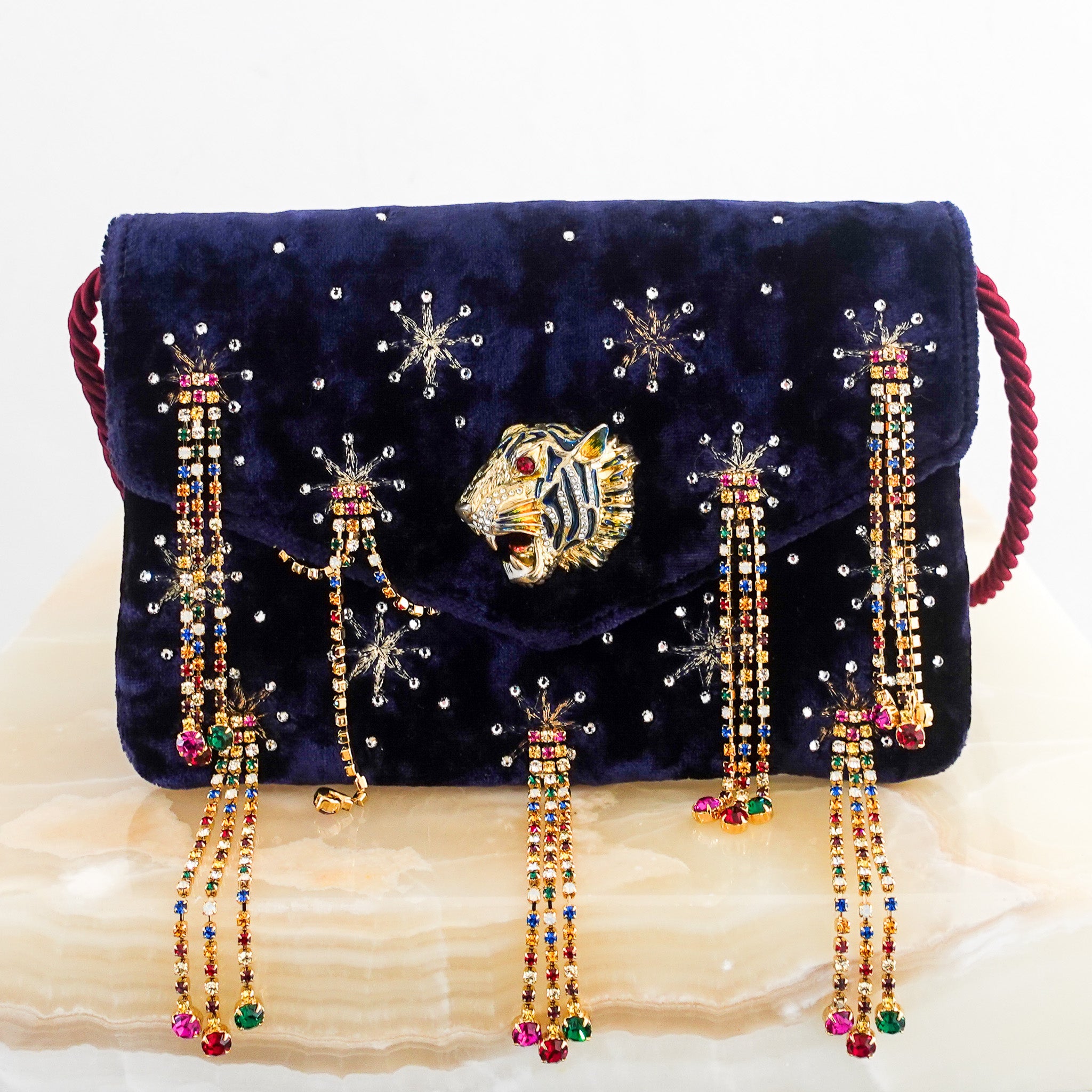 Rajah navy velvet embellished shoulder bag RRP £2k