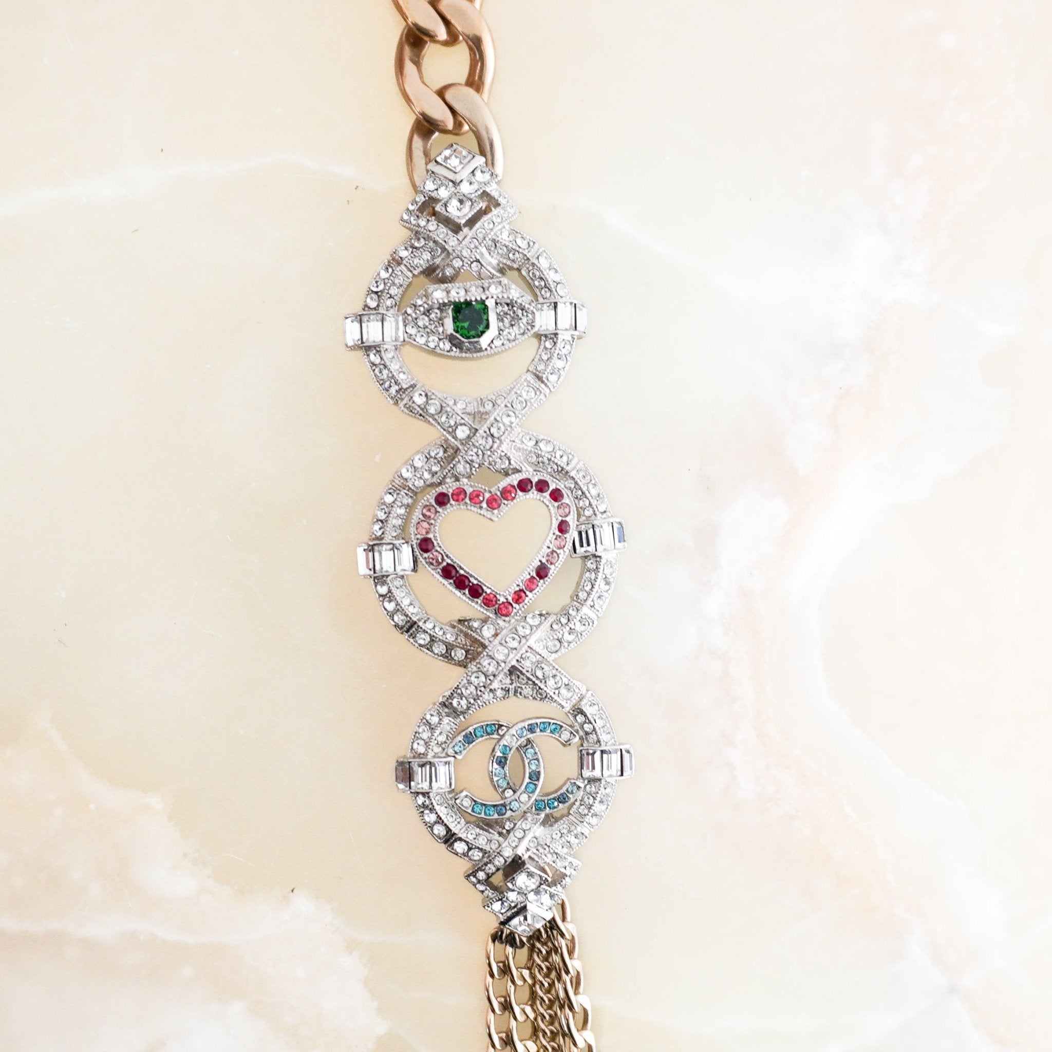 Chanel A16K Crystal Heart Eye CC Multi Charm Necklace Gold Tone Metal (RRP £1250) | Authentic Preloved FINAL SALE - Reloved Again
