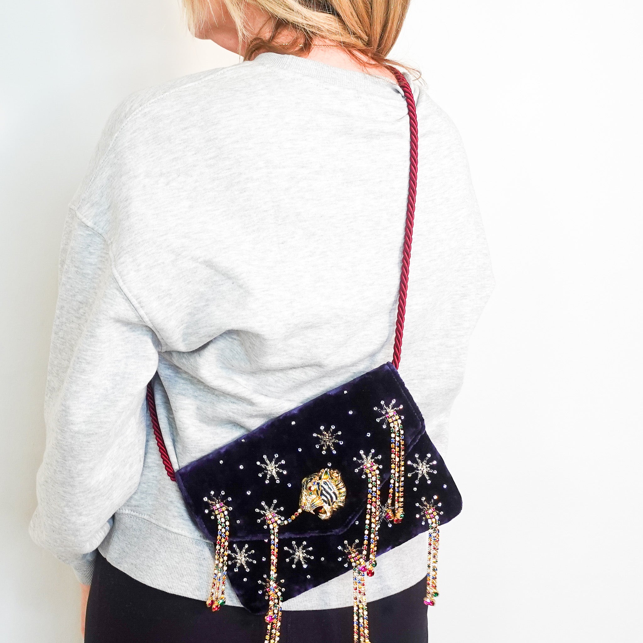 Rajah navy velvet embellished shoulder bag RRP £2k