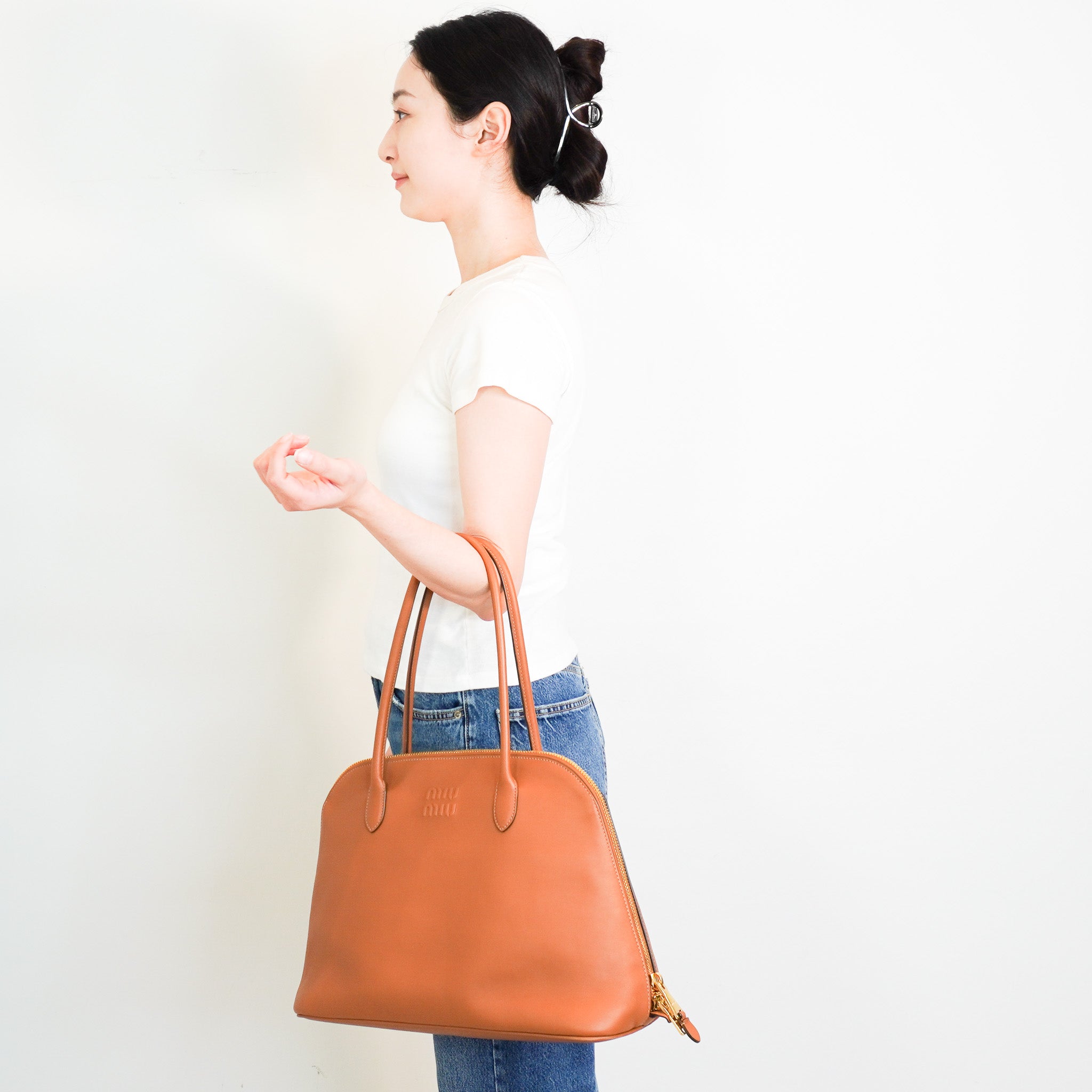 Miu Miu Logo Embossed Shoulder Bag in Camel Brown RRP £3600 | Authentic Preloved - Reloved Again