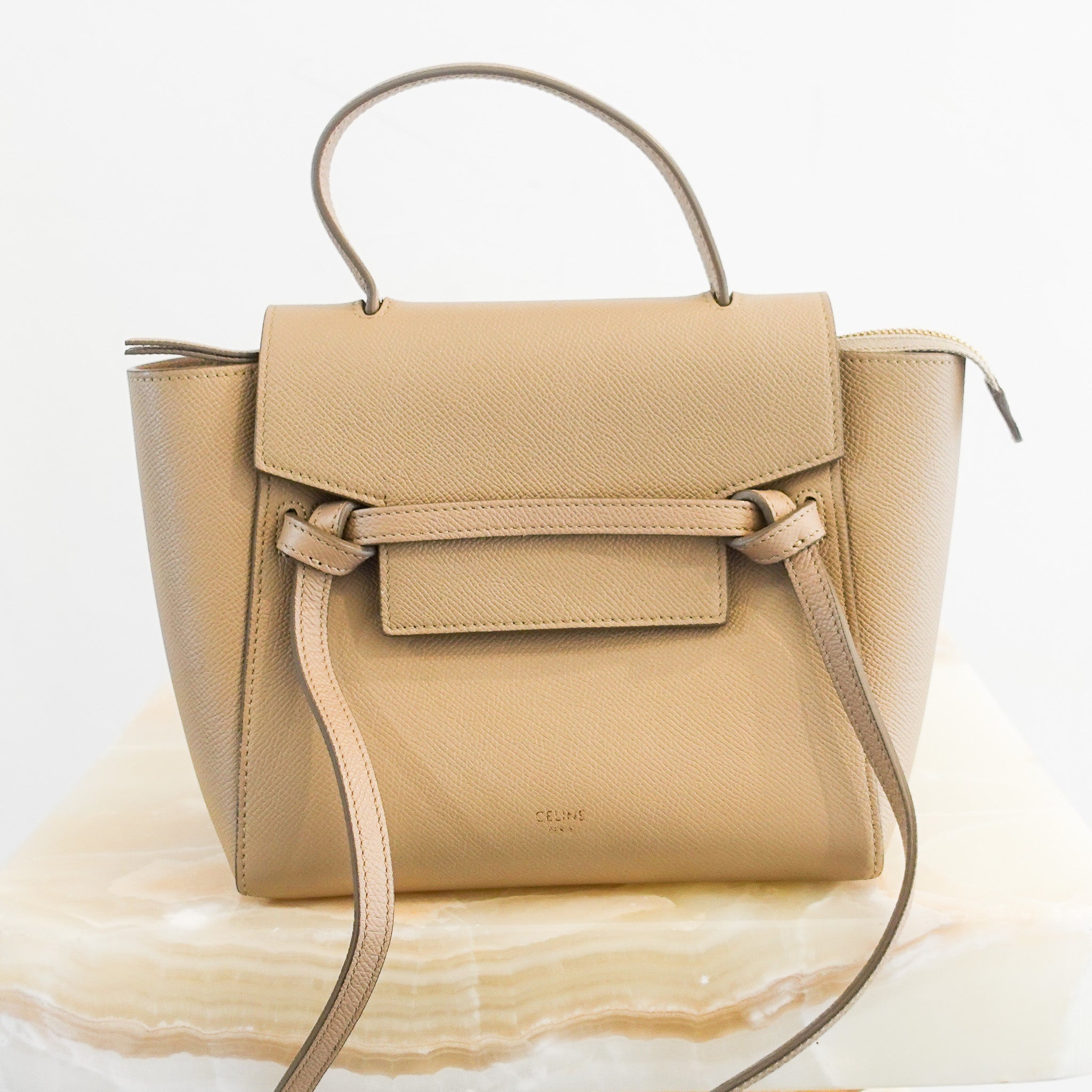 Beige grained leather nano belt bag RRP £1850