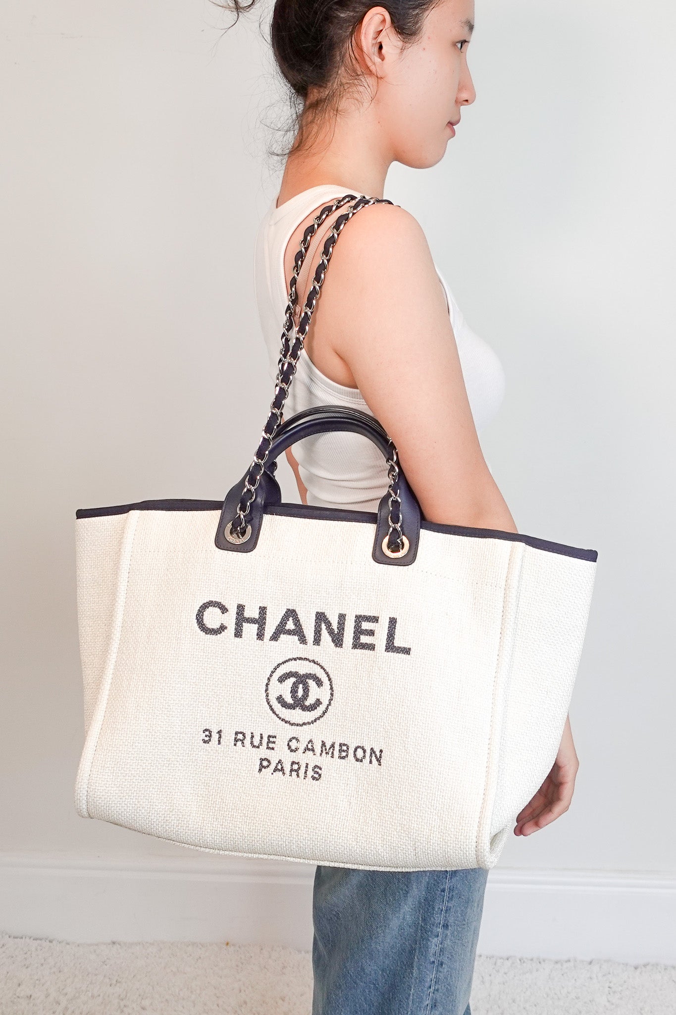 Chanel Canvas and Navy Deauville Tote Bag RRP £3800| Authentic Preloved