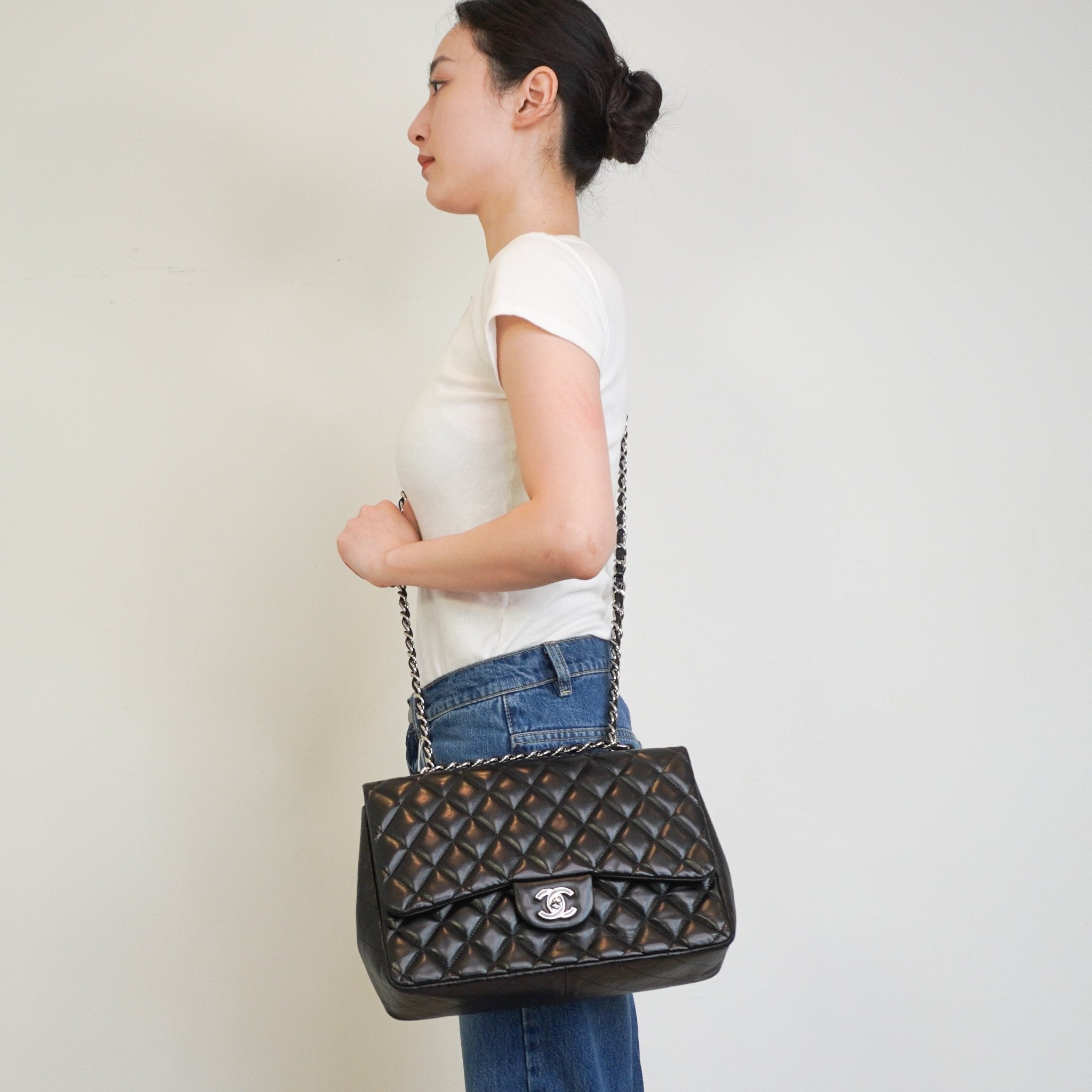 Chanel Jumbo Lambskin Classic Single Flap Bag Black RRP £10k | Authentic Preloved - Reloved Again