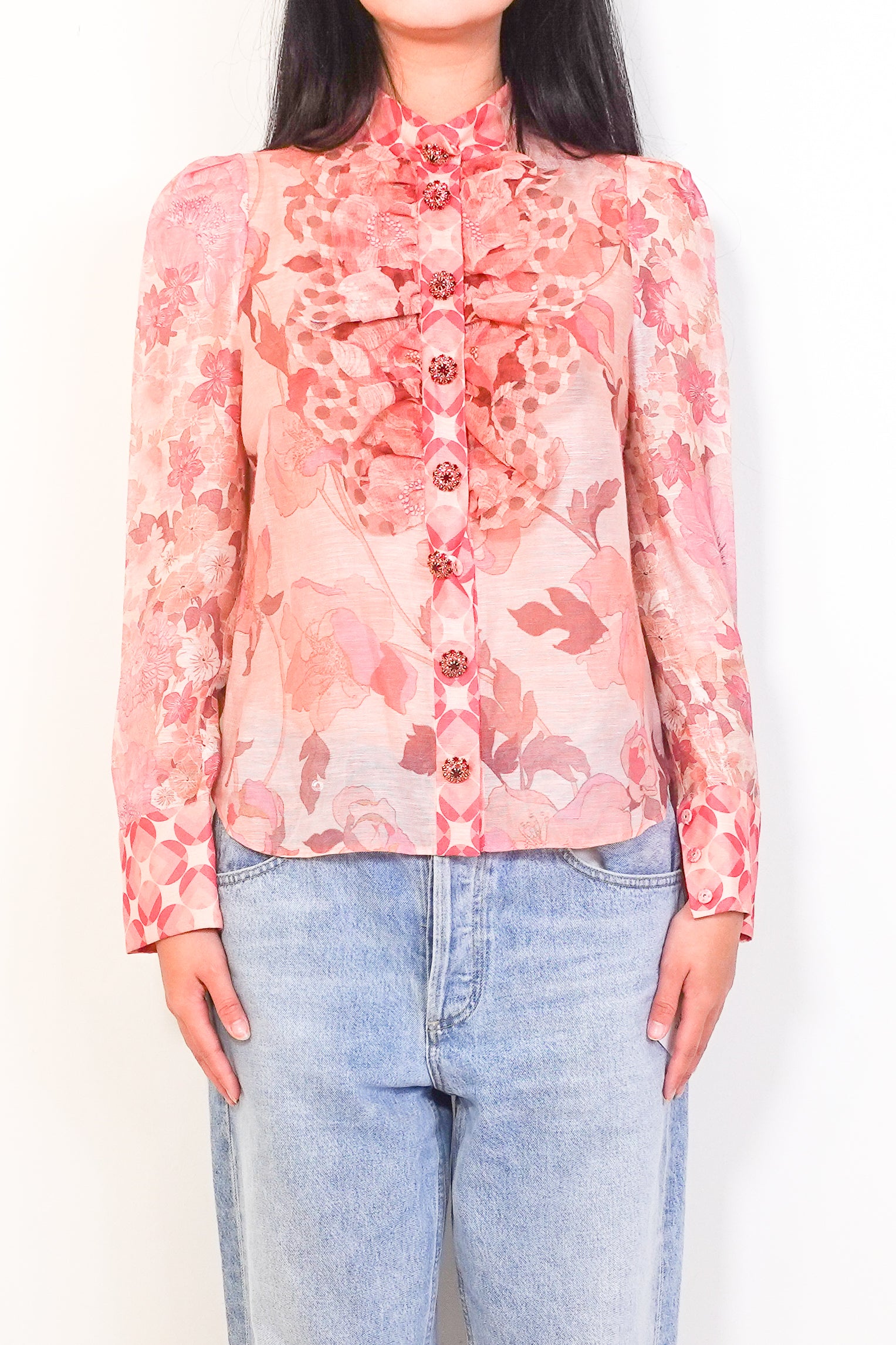 Silk and Linen Pink floral button blouse RRP £775