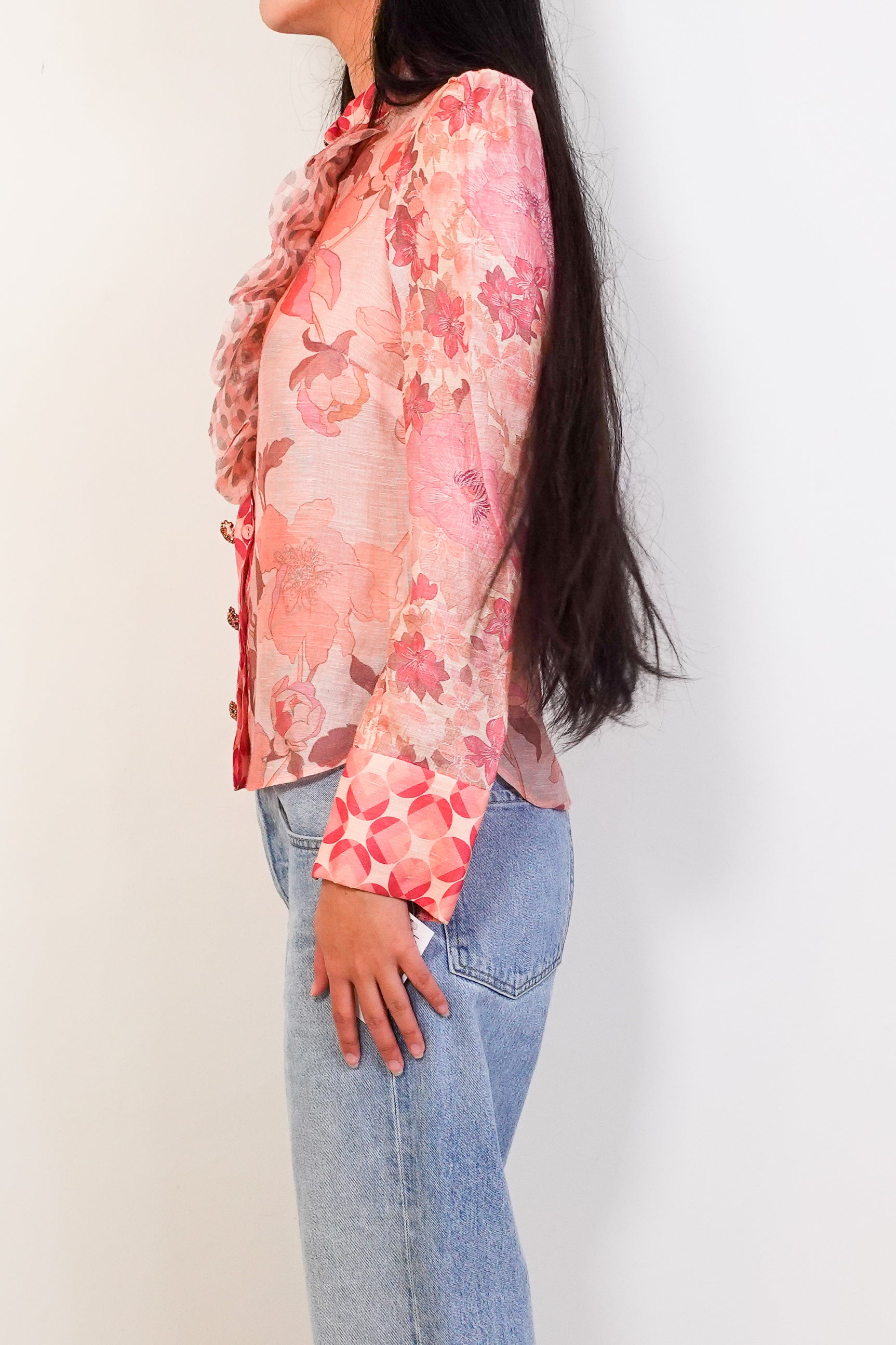 Silk and Linen Pink floral button blouse RRP £775