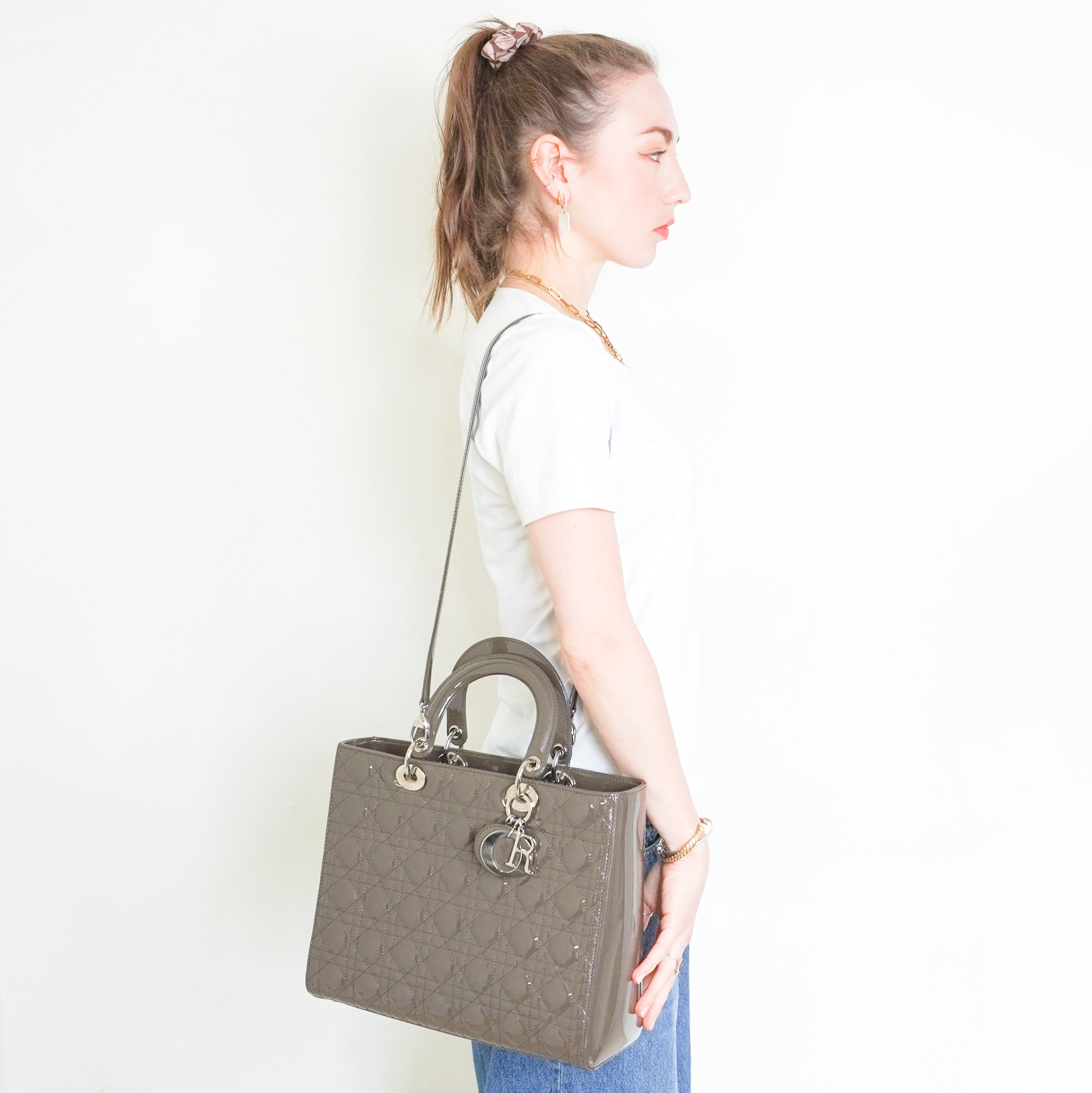 Dior Patent Cannage Large Lady Dior in Grey RRP £5600 | Authentic Preloved