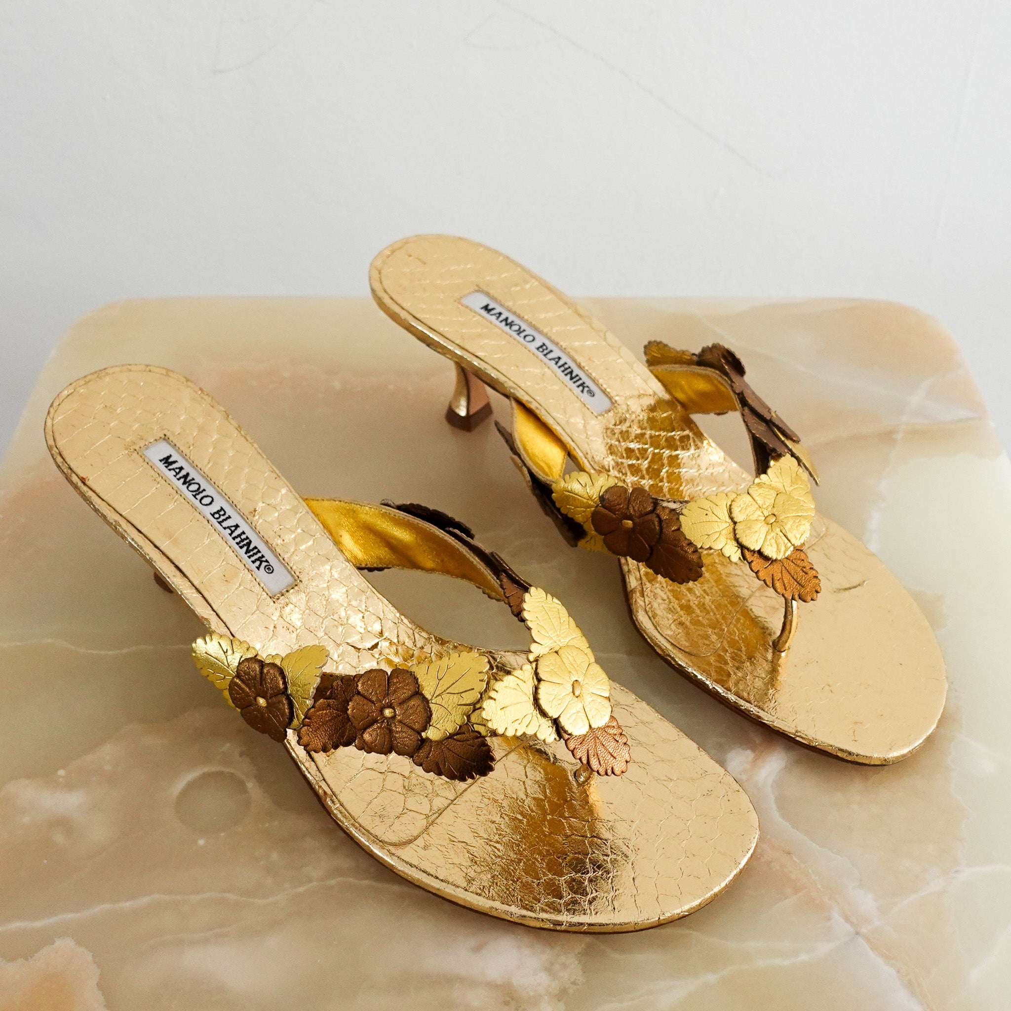 NEW Manolo Blahnik Gold Flower Sandals RRP £865| Authentic Preloved