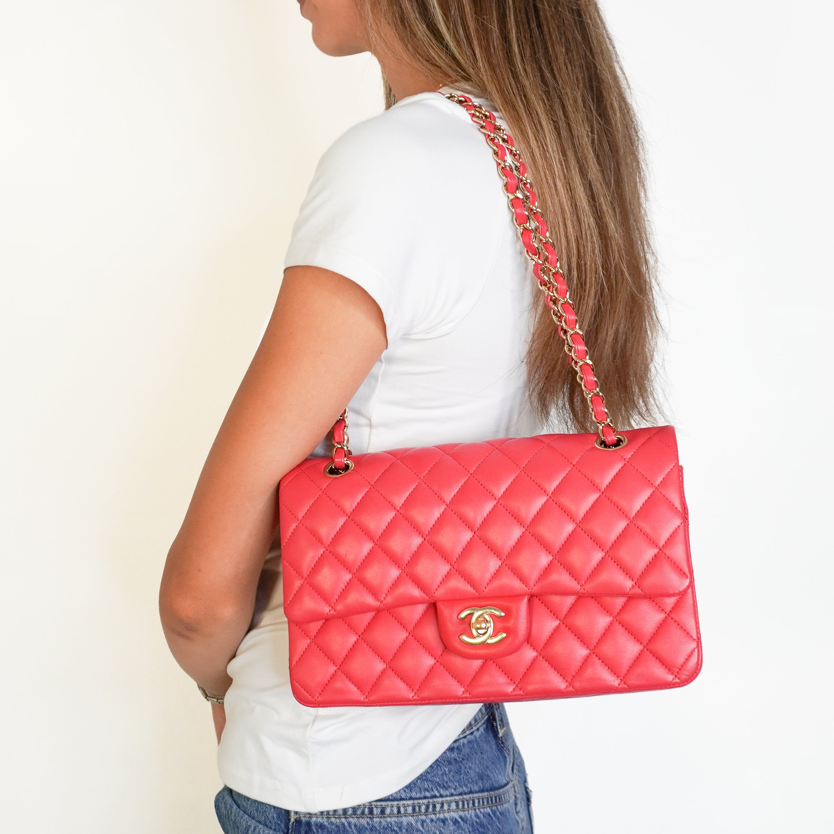 Chanel Medium Classic 11.12 Double Flap Bag Coral Lambskin Gold Hardware RRP (£9090) | Authentic Preloved