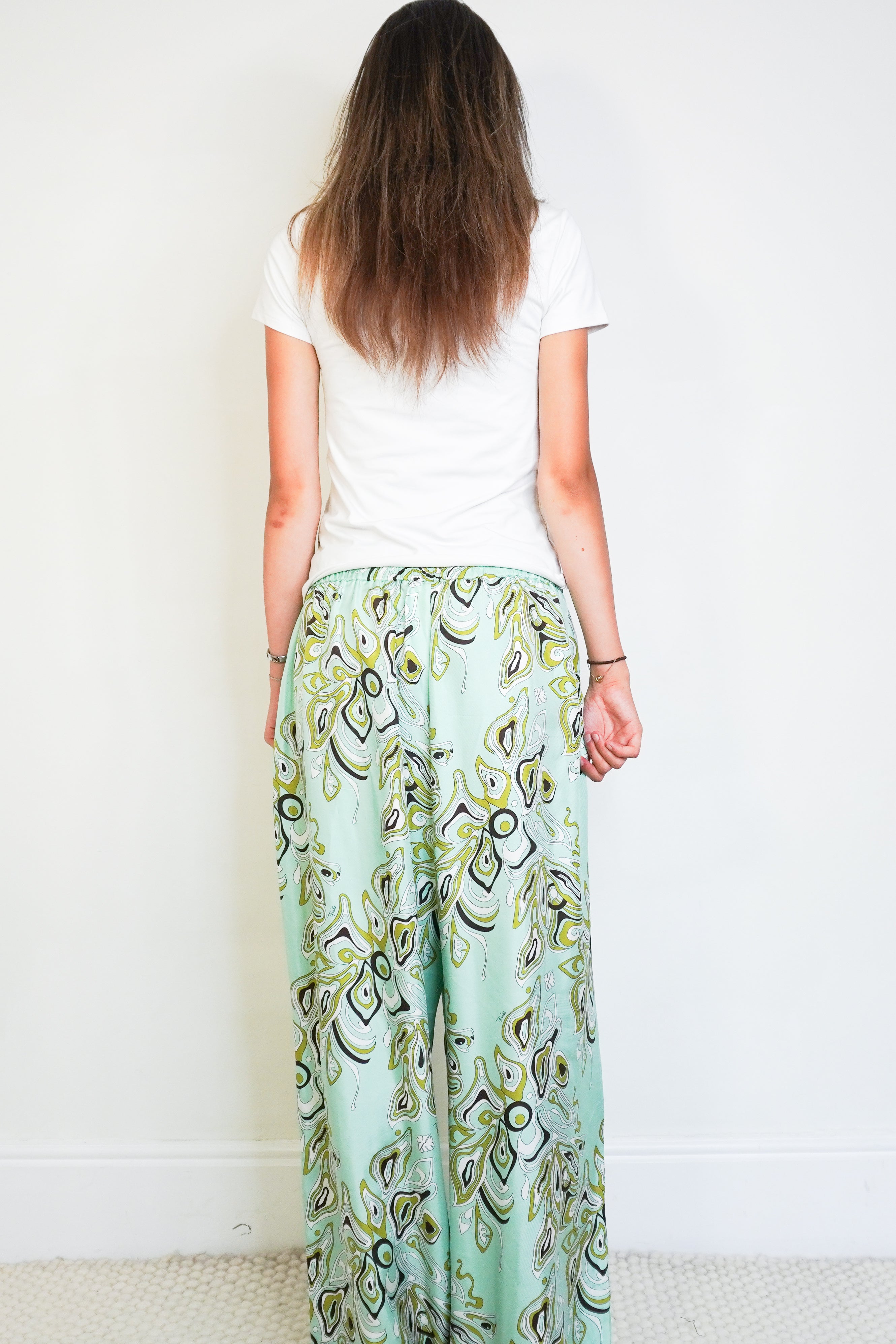 Emilio Pucci Printed Silk Wide-Leg Trousers in Aqua (RRP £800) | Authentic Preloved