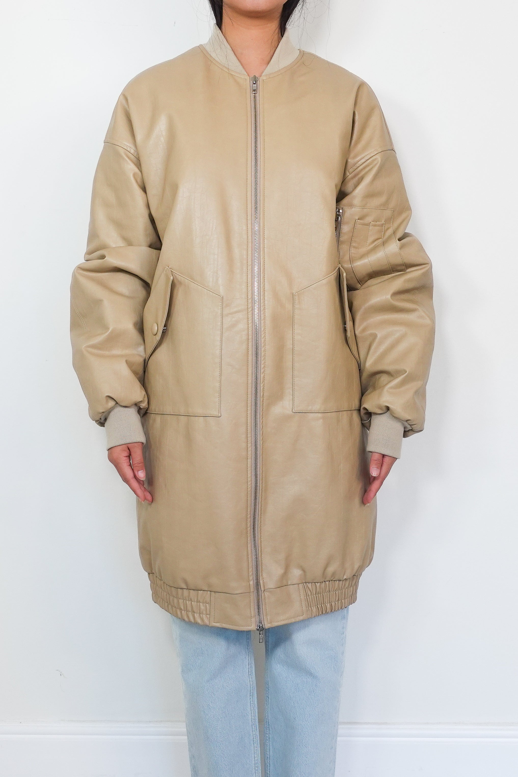 Oversized beige faux-leather bomber jacket RRP £400