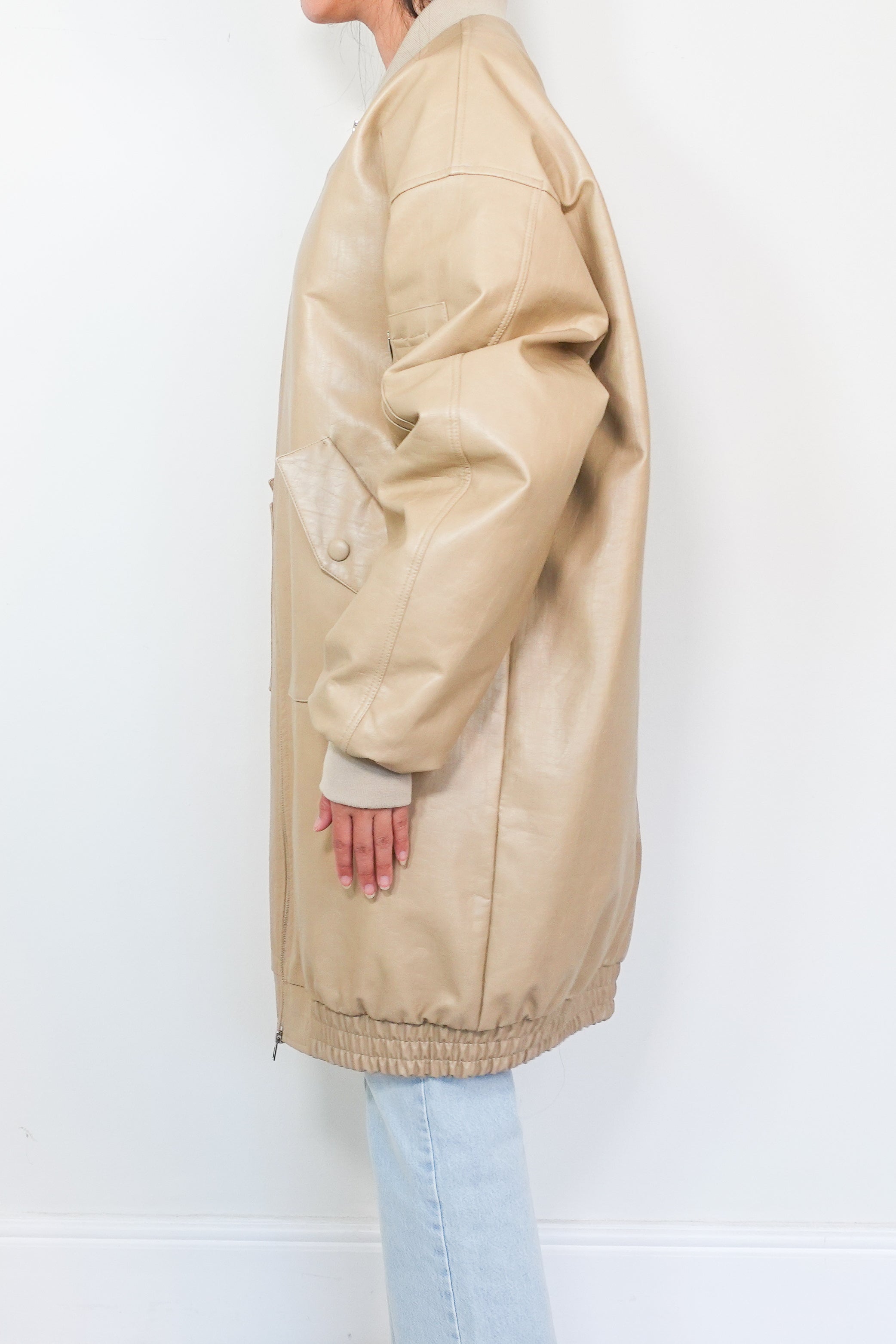 Oversized beige faux-leather bomber jacket RRP £400