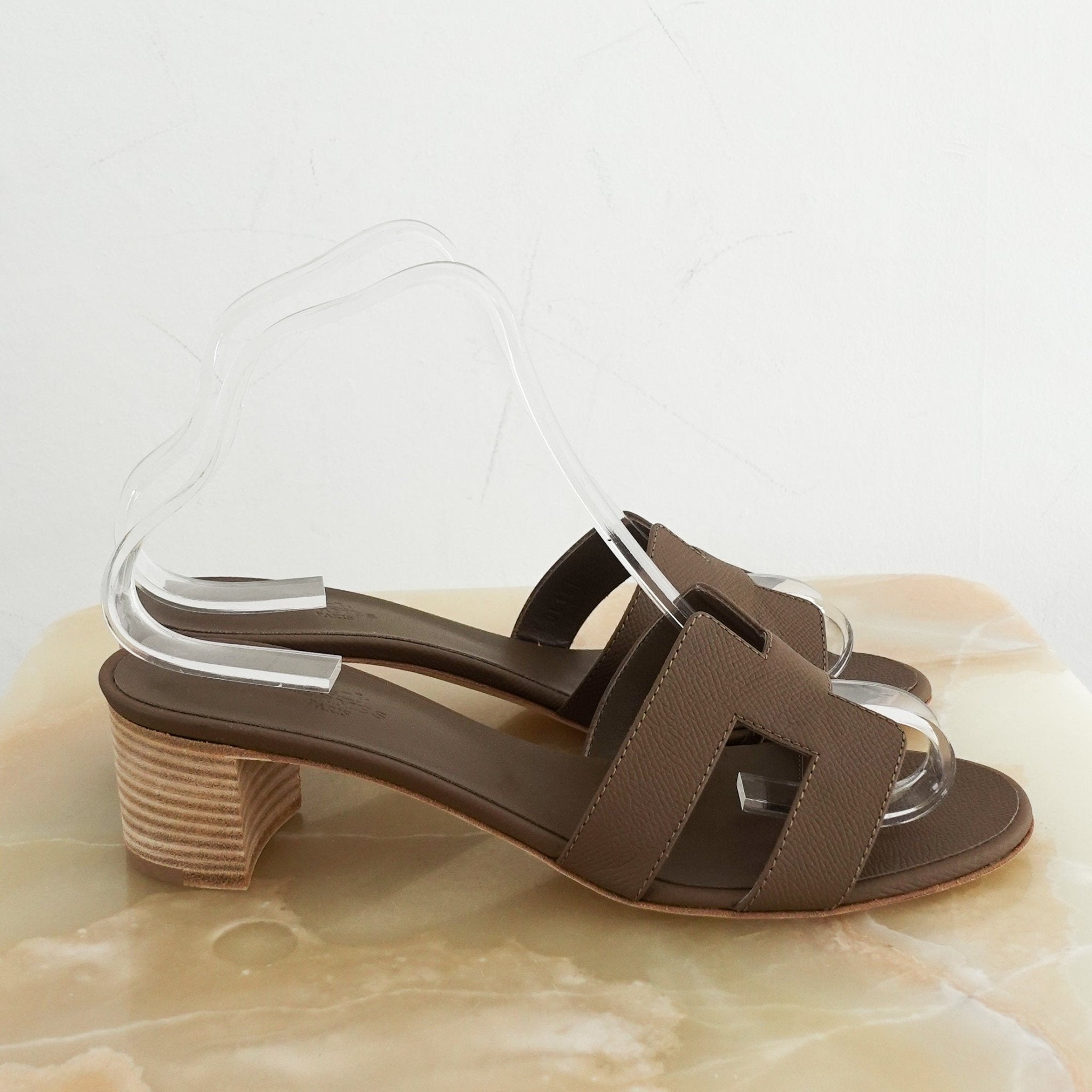 NEW Hermes Brown Oasis Calfskin Heeled Sandals in Etoupe RRP £650 | Authentic Preloved - Reloved Again