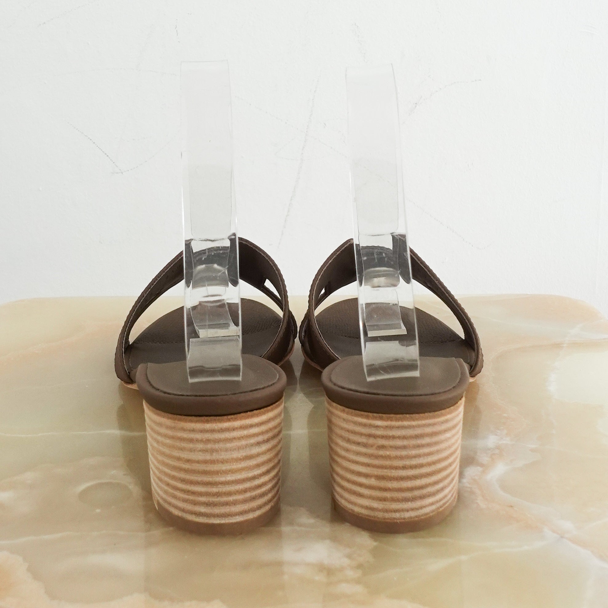 NEW Hermes Brown Oasis Calfskin Heeled Sandals in Etoupe RRP £650 | Authentic Preloved - Reloved Again
