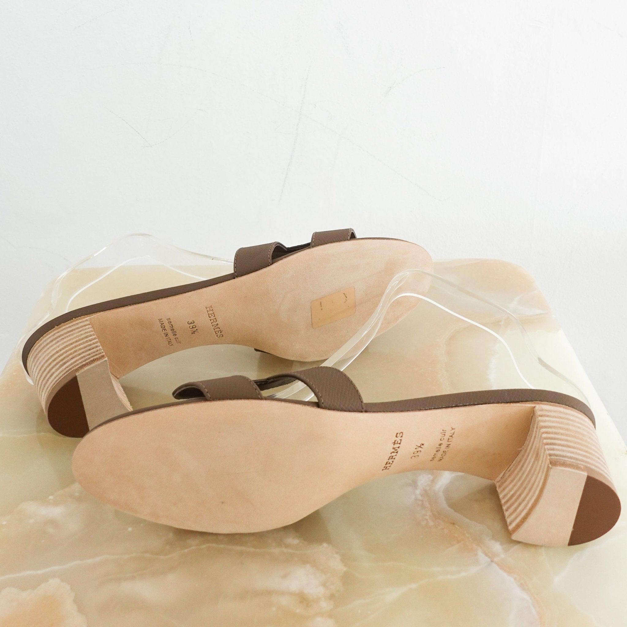 NEW Hermes Brown Oasis Calfskin Heeled Sandals in Etoupe RRP £650 | Authentic Preloved - Reloved Again