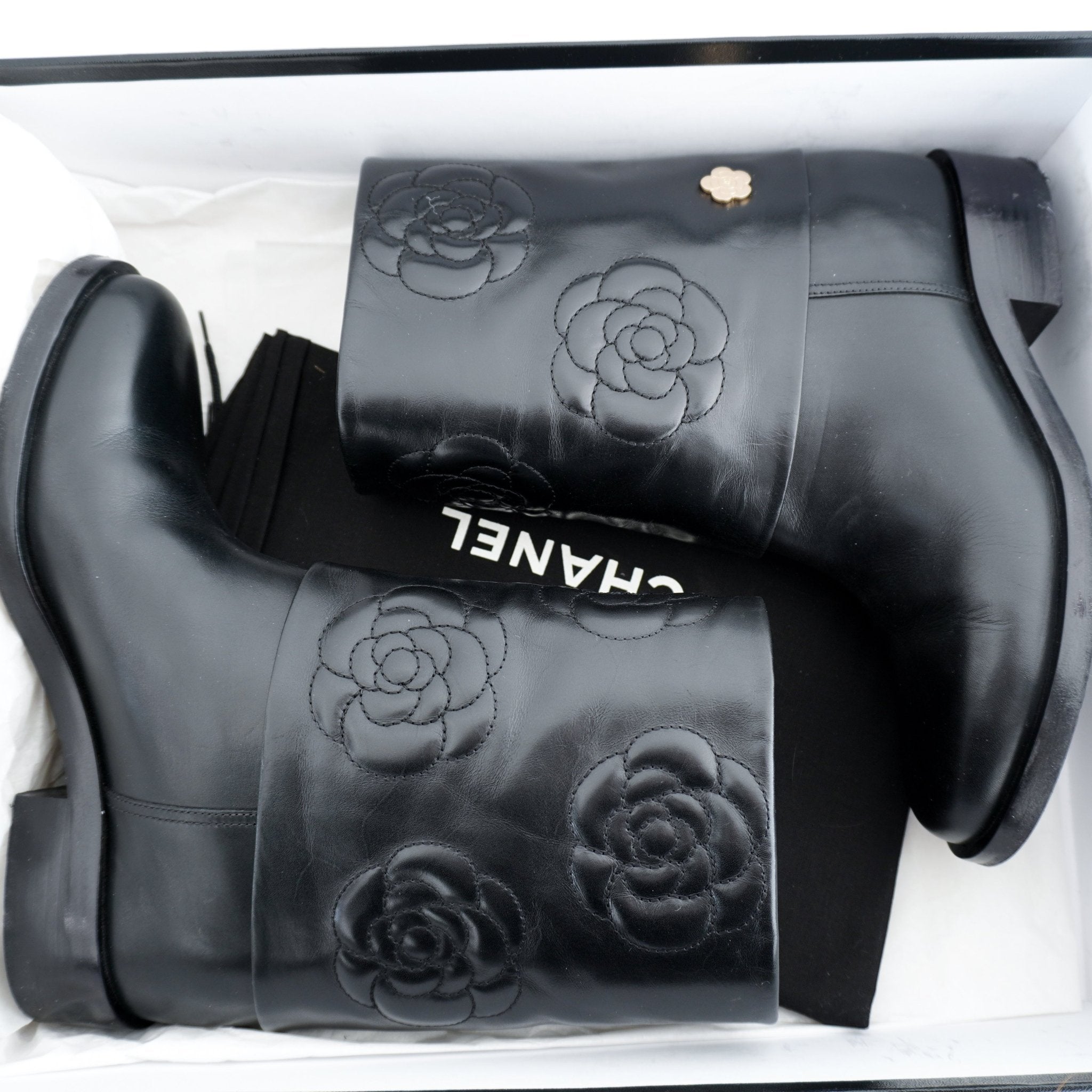Chanel Black Leather Camelia Boots RRP £1500 | Authentic Preloved - Reloved Again
