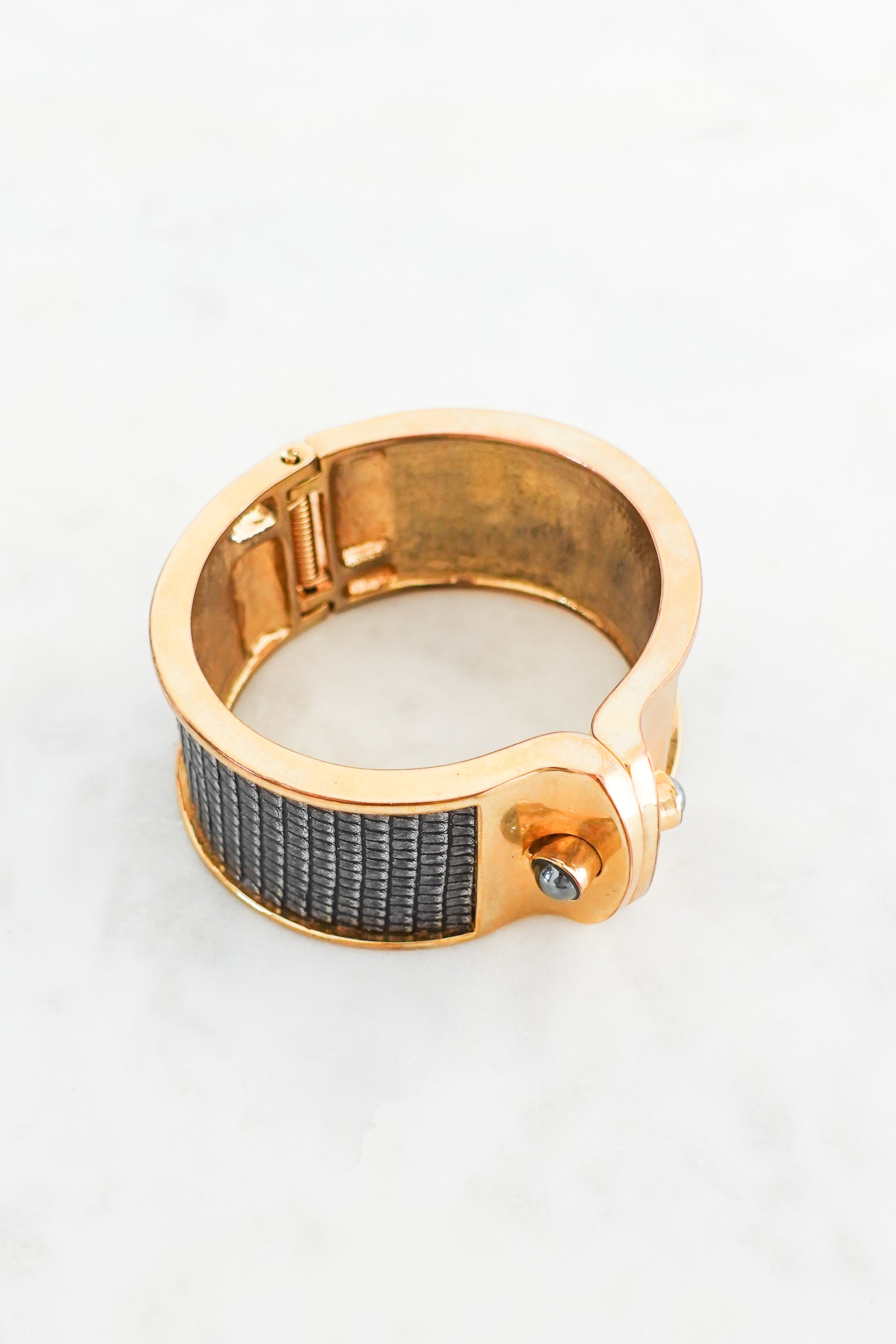 Stamped leather and gold plated cuff bracelet