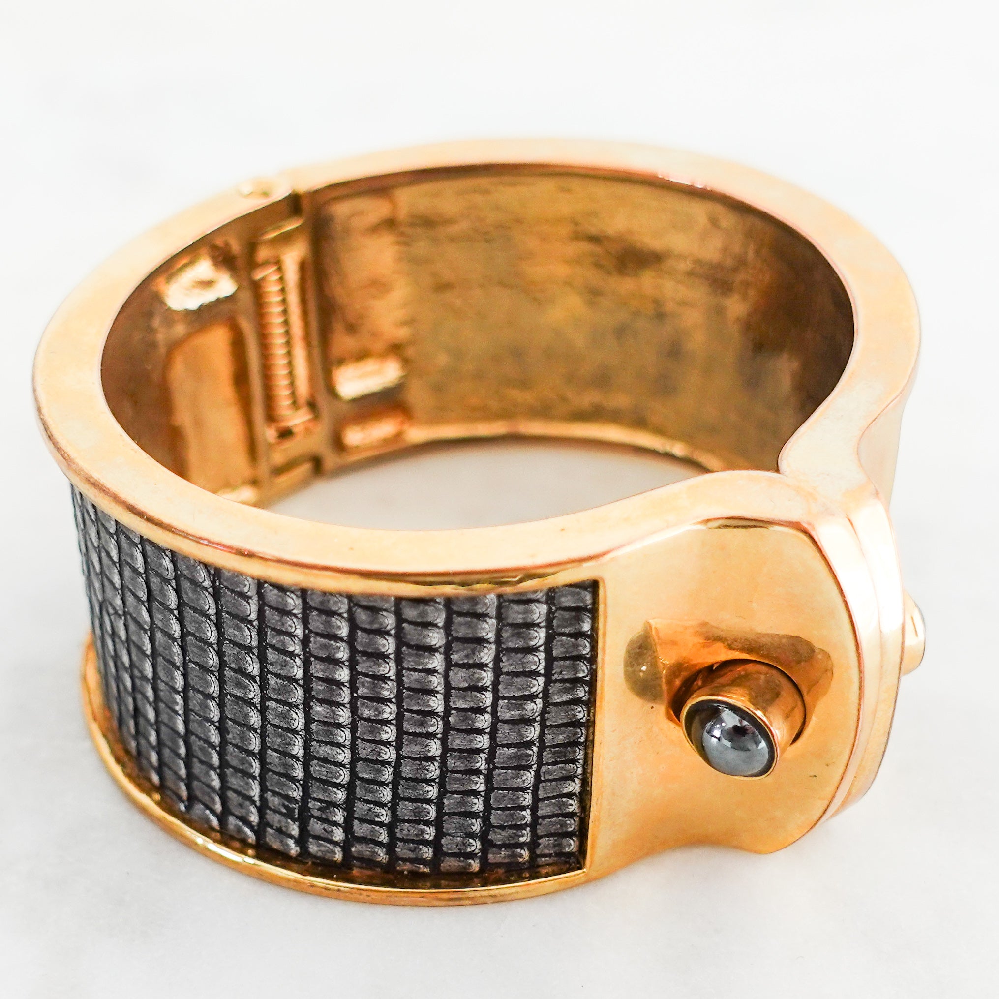 Stamped leather and gold plated cuff bracelet