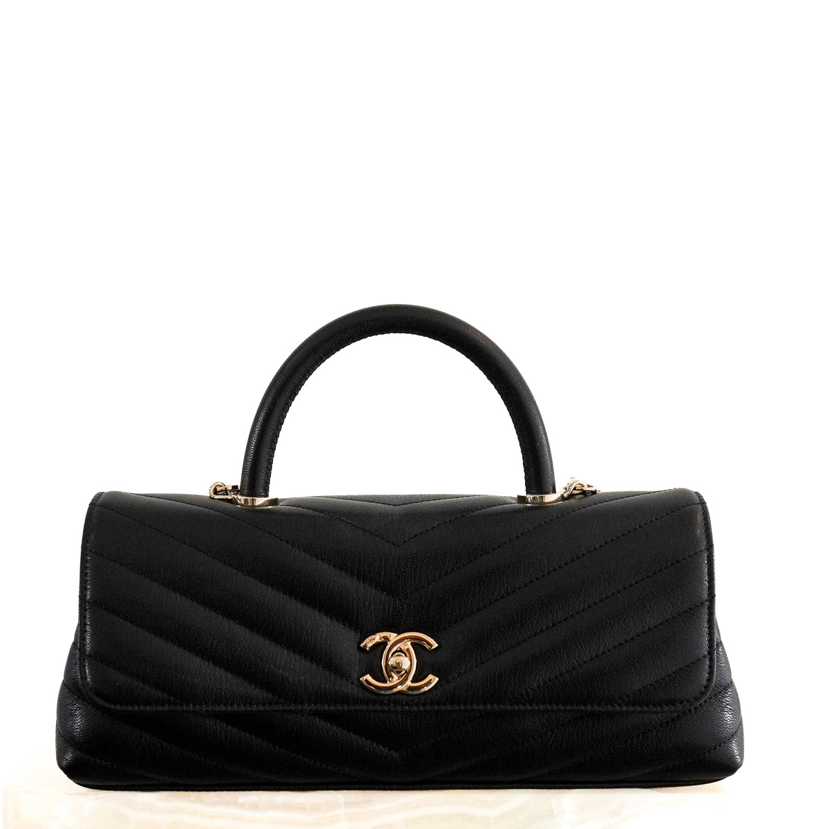 Chanel Coco Top Handle Black Chevron Quilted Leather Bag | Authentic Preloved