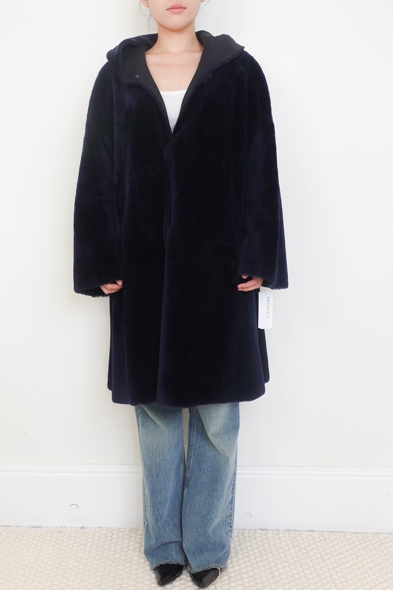 Marina Rinaldi Navy Reversible Shearling Hooded Coat RRP £1200 | Authentic Preloved