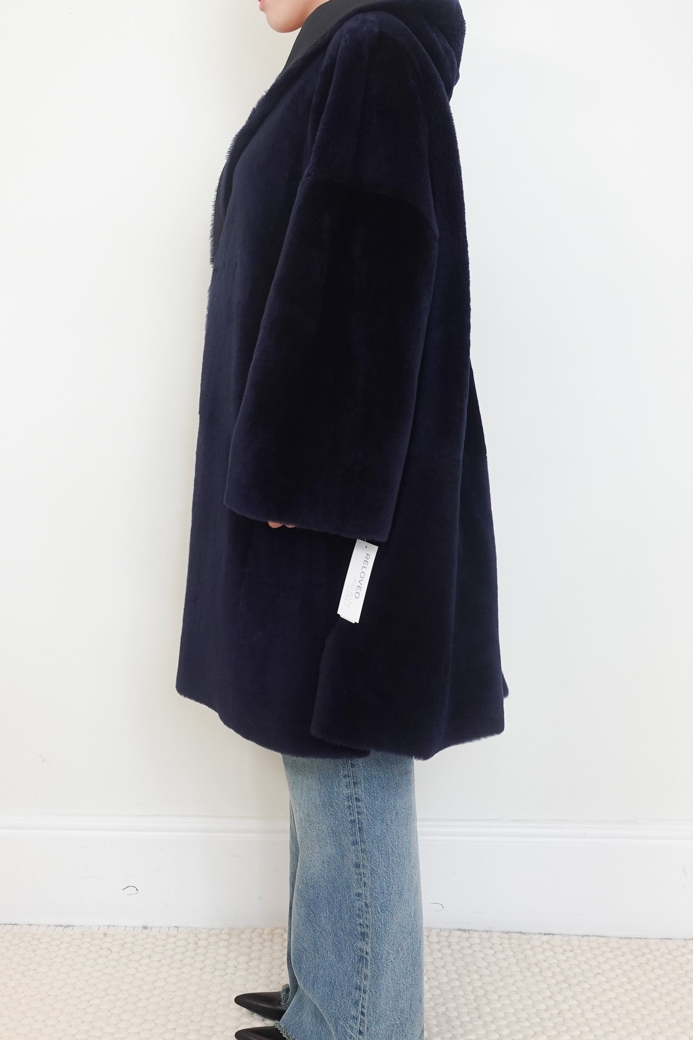 Marina Rinaldi Navy Reversible Shearling Hooded Coat RRP £1200 | Authentic Preloved