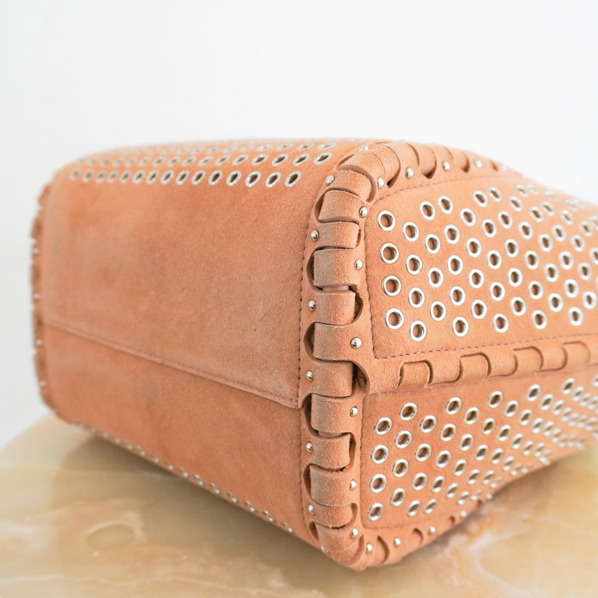 Alaïa Le Hinge Small Eyelet Tote Bag in Tan Suede (RRP £1680) | Authentic Preloved