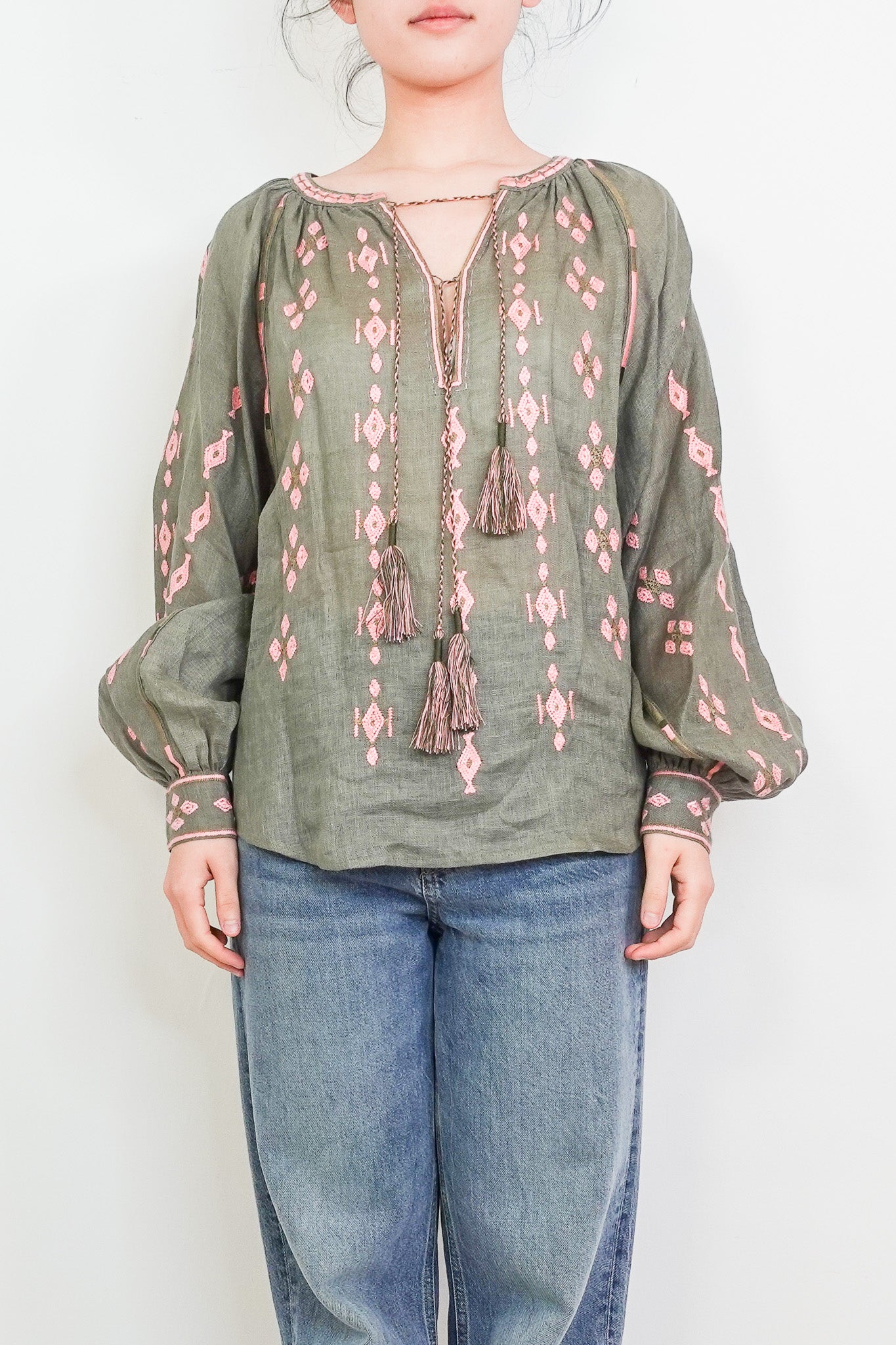 Green and pink embroidered blouse RRP £1k