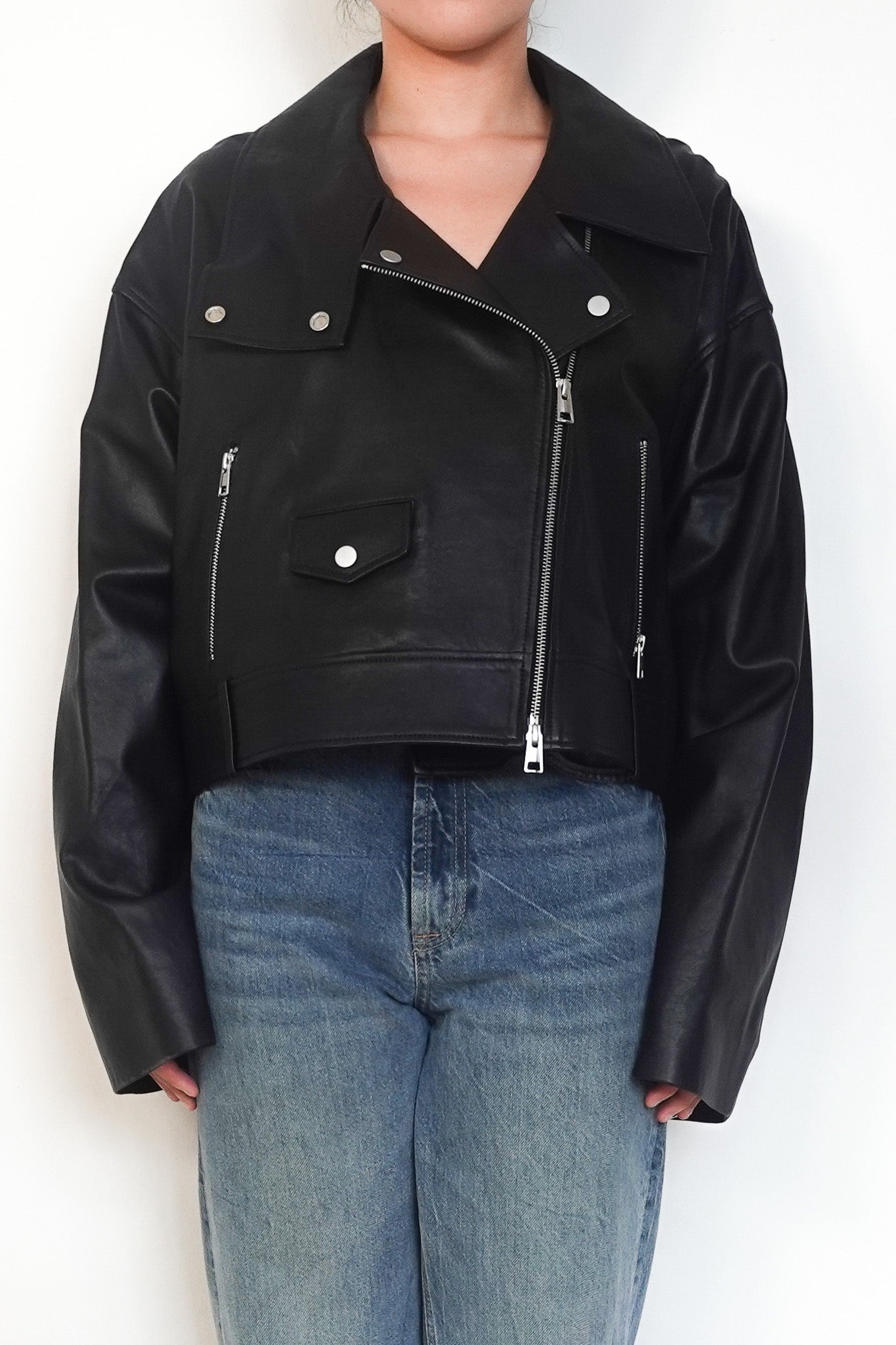 NEW COS Black Leather Biker Cropped Jacket RRP £350 | Authentic Preloved - Reloved Again