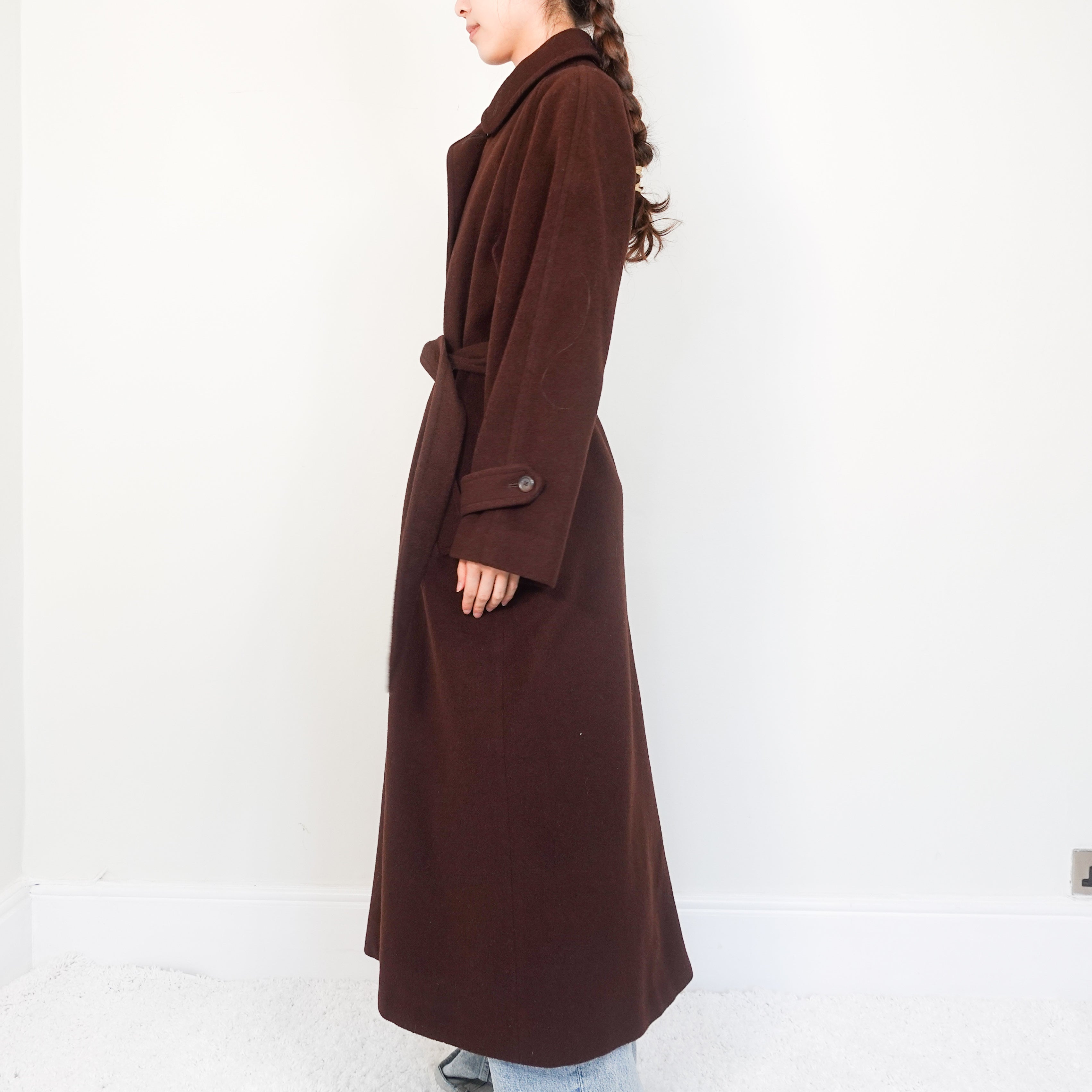 Camel hair longline belted coat