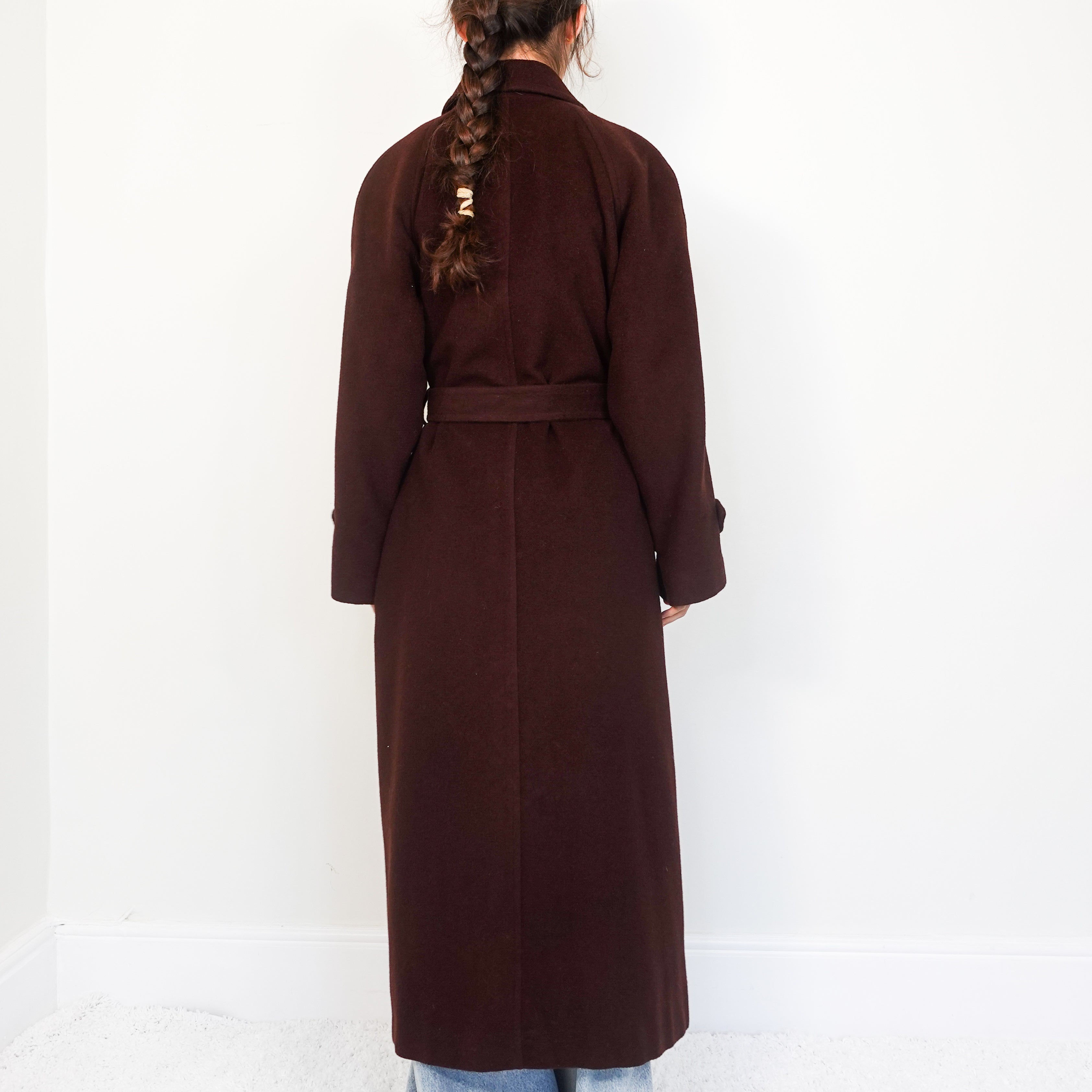 Camel hair longline belted coat