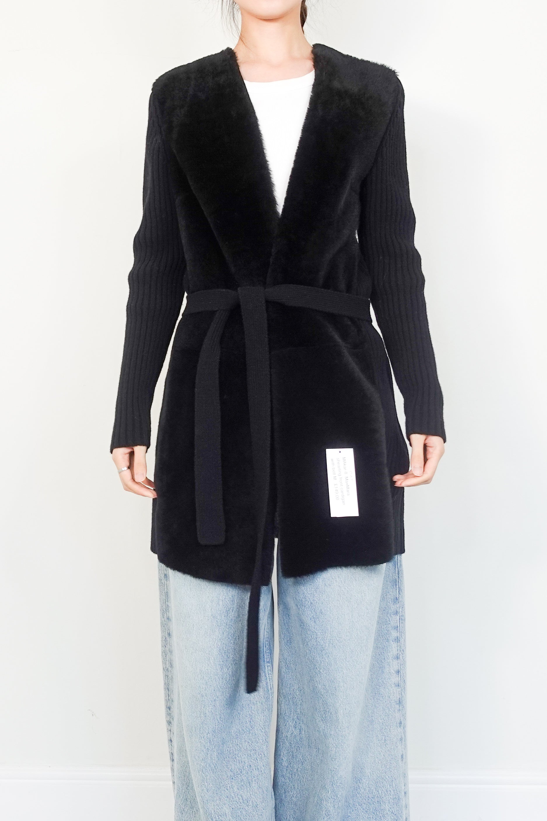 Shearling front cardigan with belt