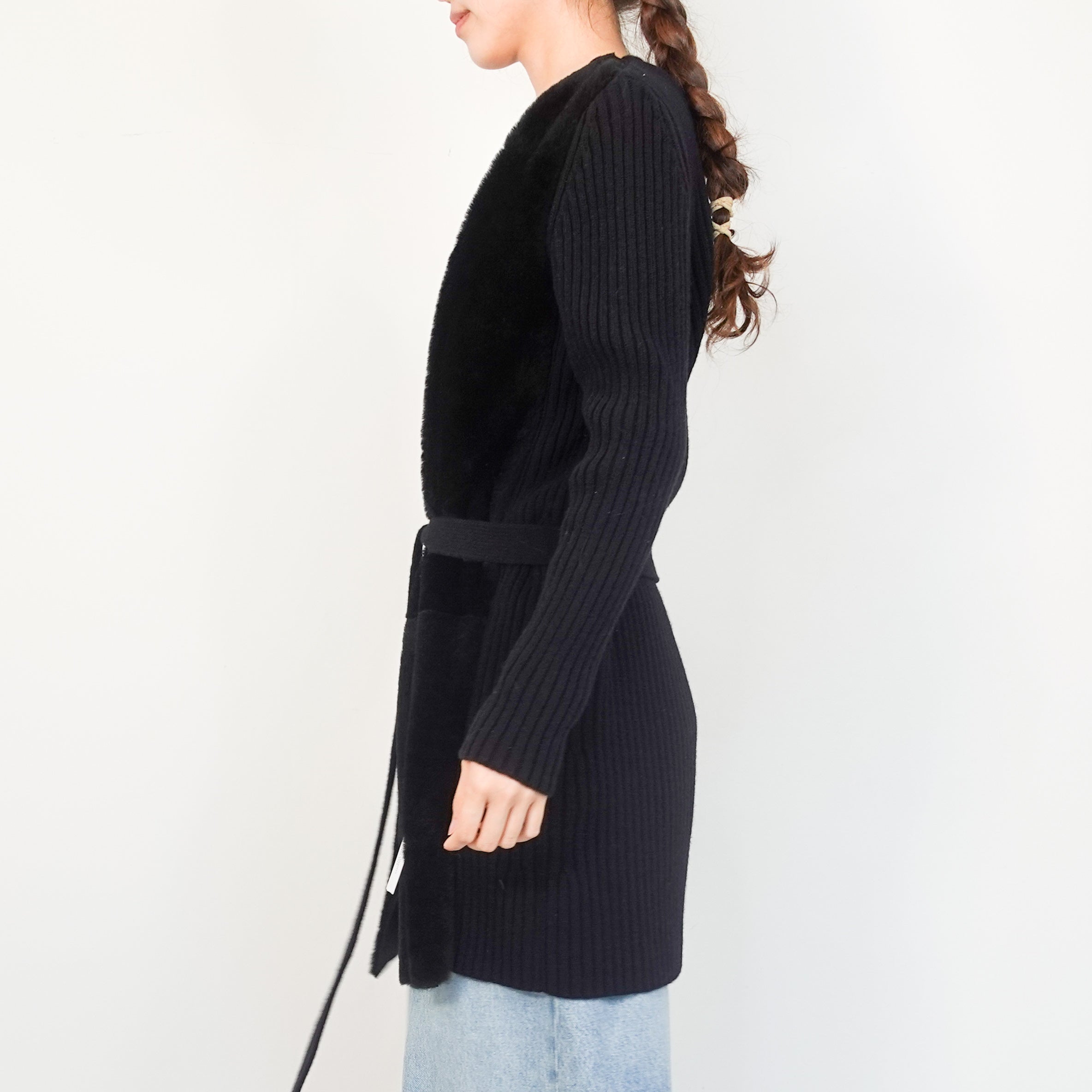 Shearling front cardigan with belt