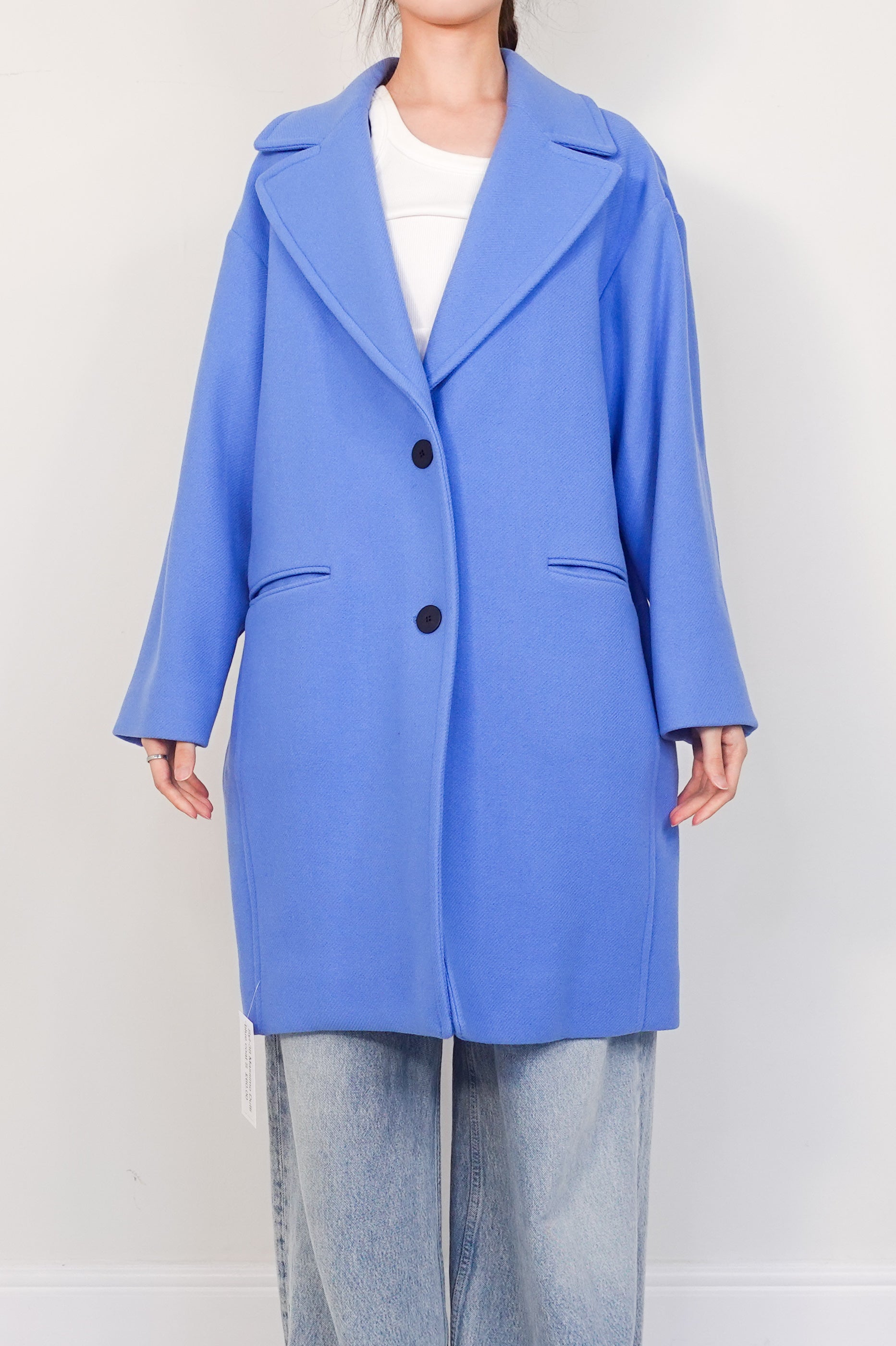 Blue single breasted midi length coat RRP £300