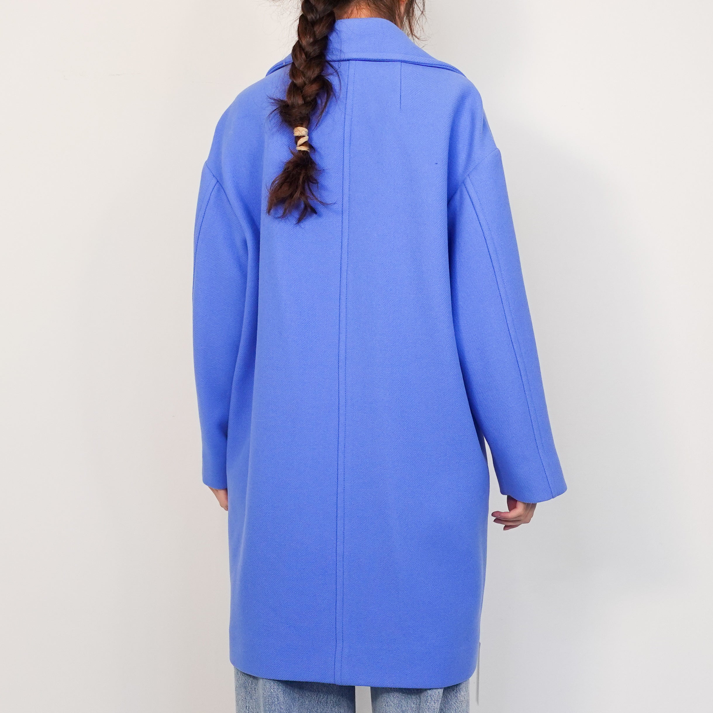 Blue single breasted midi length coat RRP £300