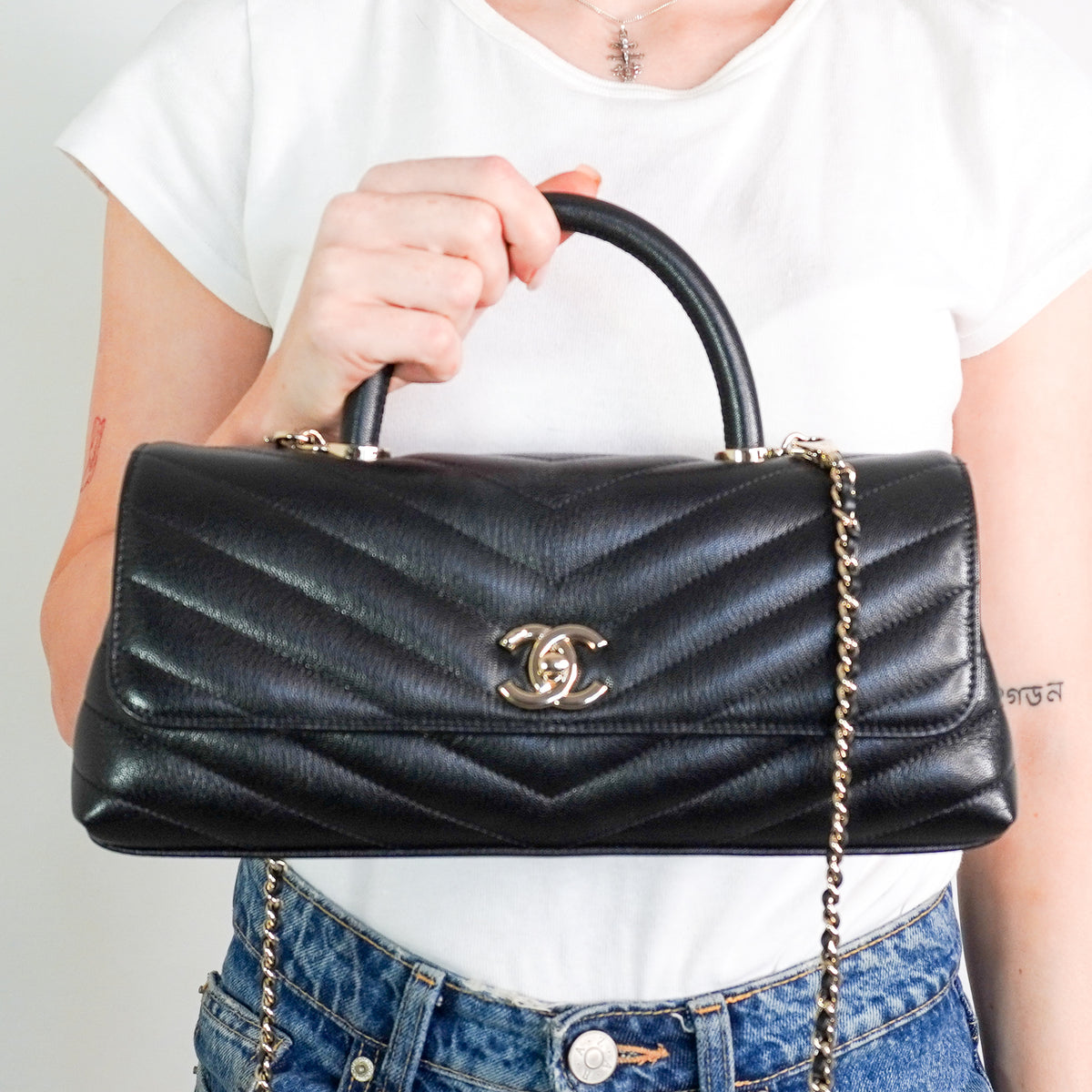 Chanel Coco Top Handle Black Chevron Quilted Leather Bag | Authentic Preloved
