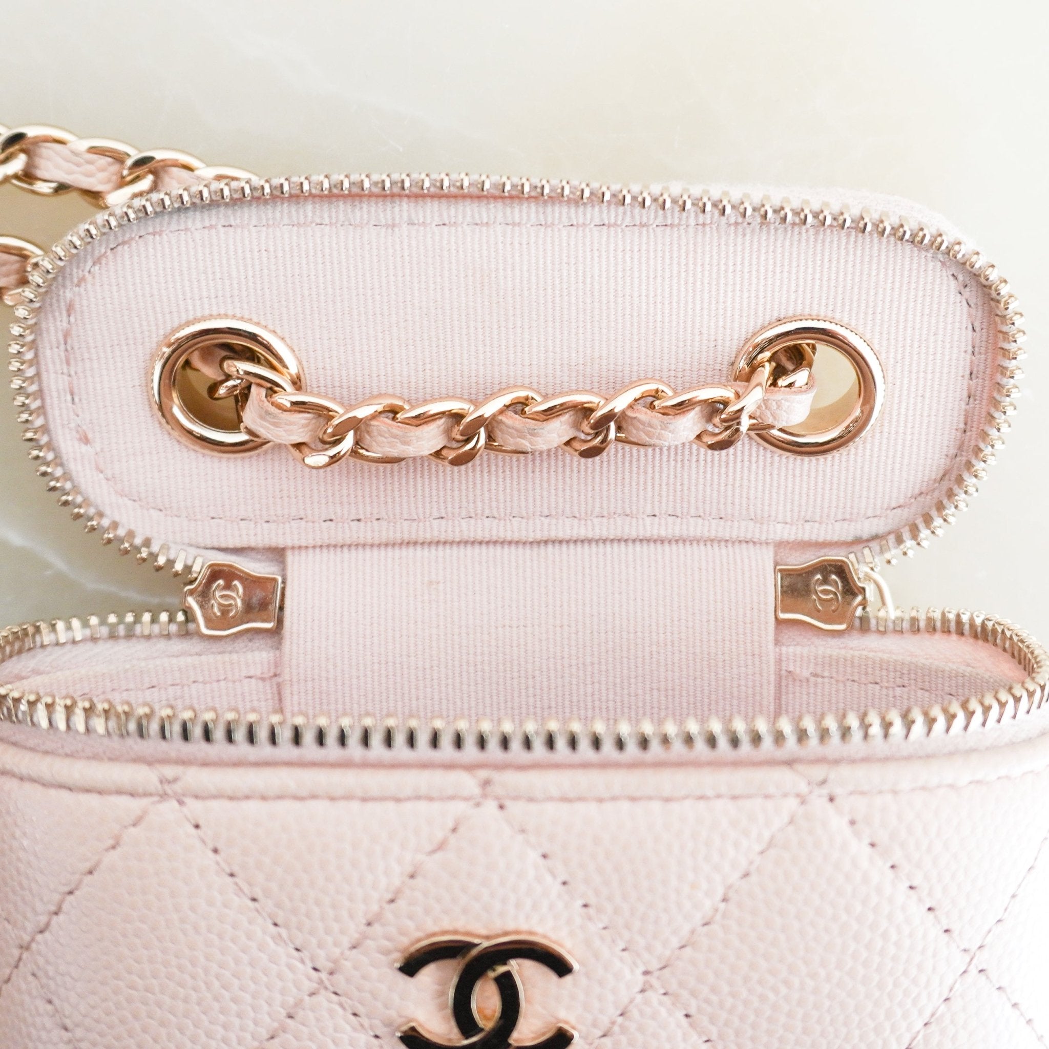 Chanel Caviar Quilted Small Vertical Vanity Case with Chain in Beige Clair RRP (£1630) | Authentic Preloved - Reloved Again
