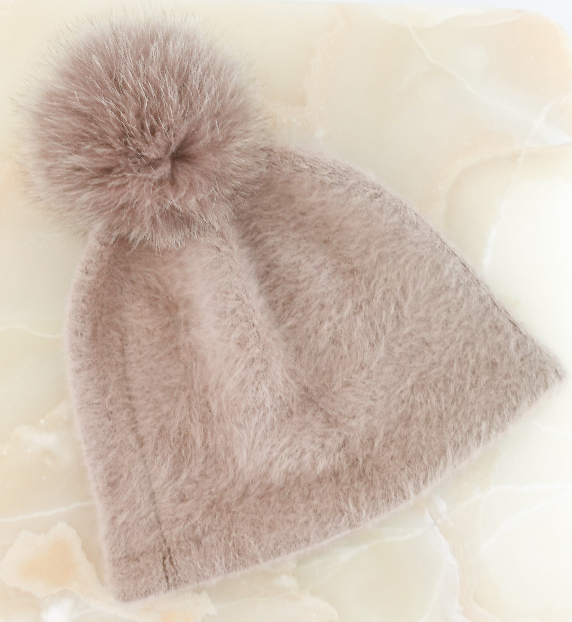 Beige fur pompom hat RRP £148