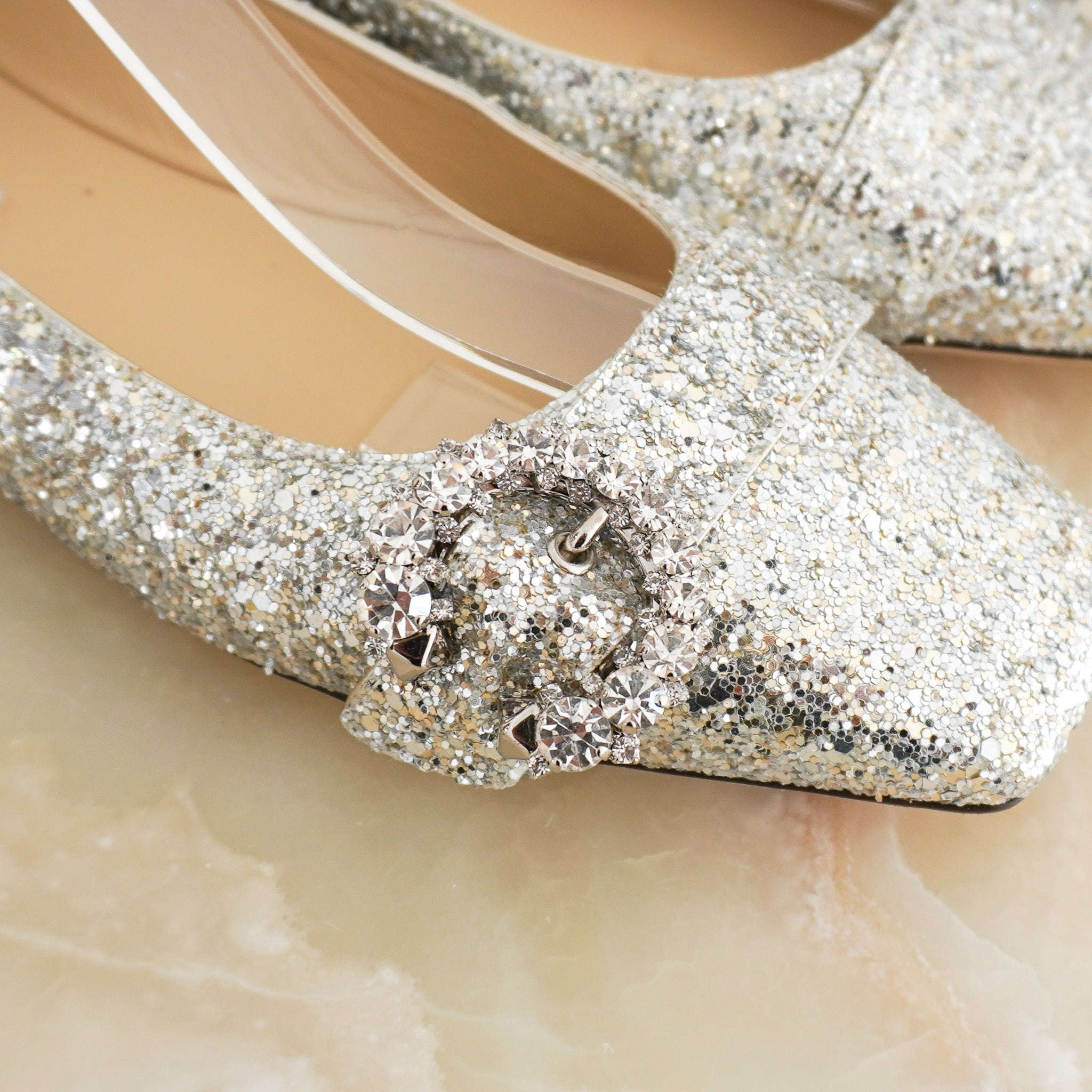 immy Choo Loli Silver Coarse Glitter Ballet Flats RRP £700 | Authentic Preloved - Reloved Again