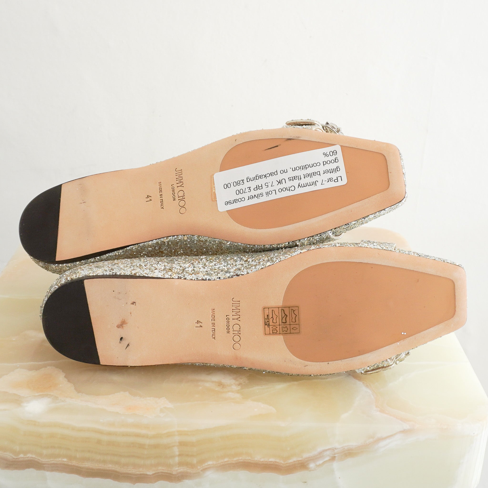 immy Choo Loli Silver Coarse Glitter Ballet Flats RRP £700 | Authentic Preloved - Reloved Again