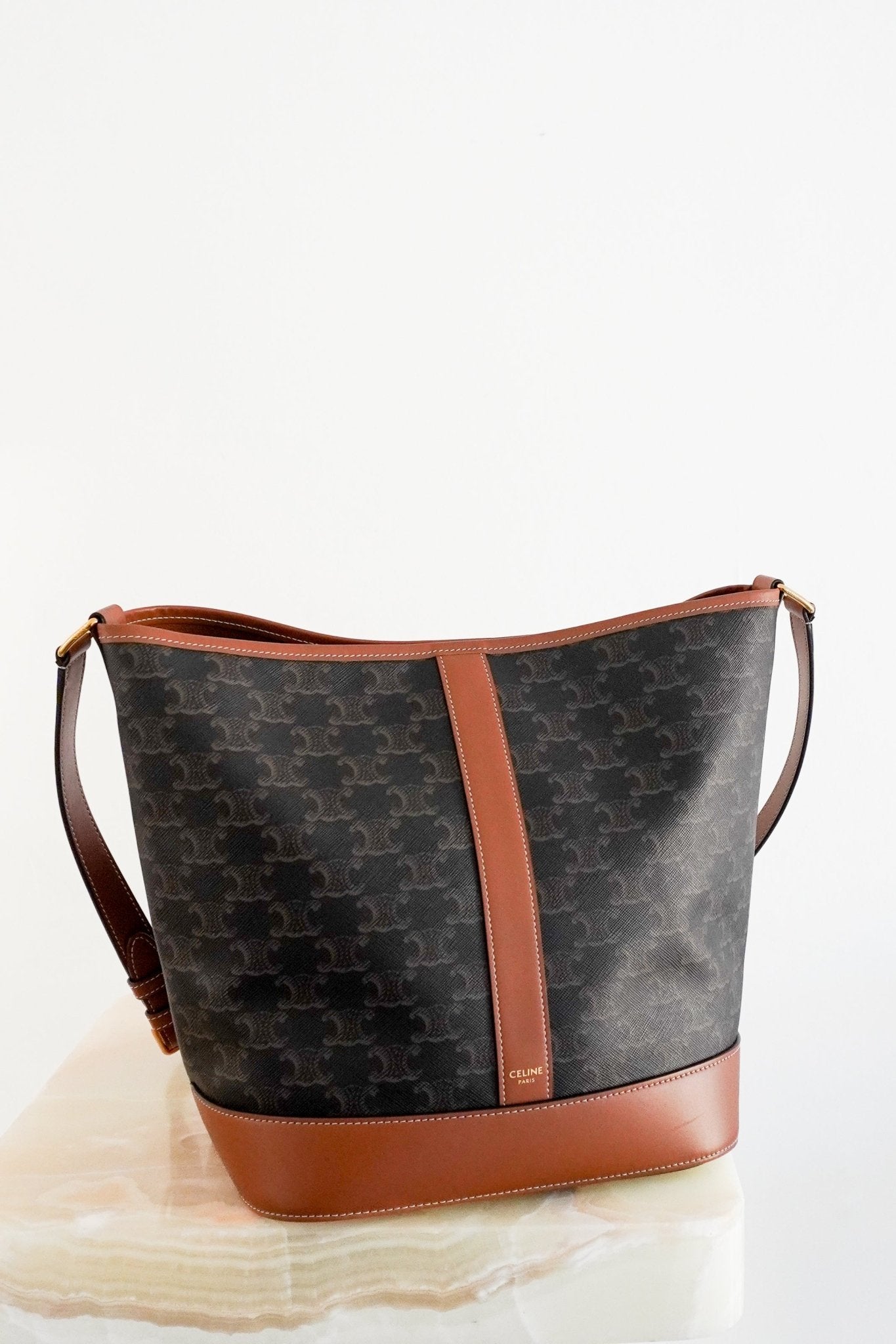CURRENT SEASON Celine Medium Bucket Bag in Triomphe Canvas and Calfskin (RRP £1400) | Authentic Preloved - Reloved Again