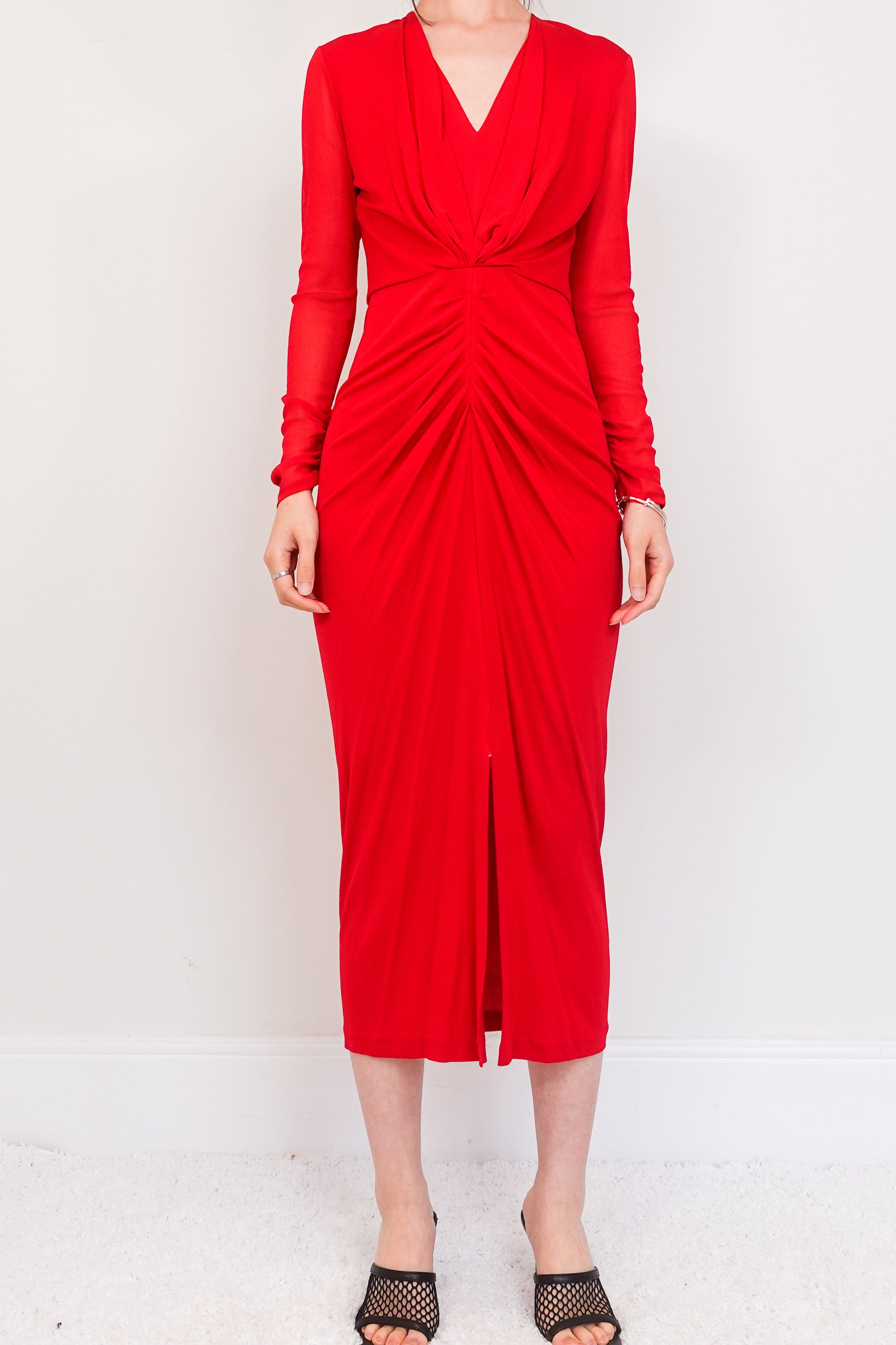 Red mesh ruched maxi dress