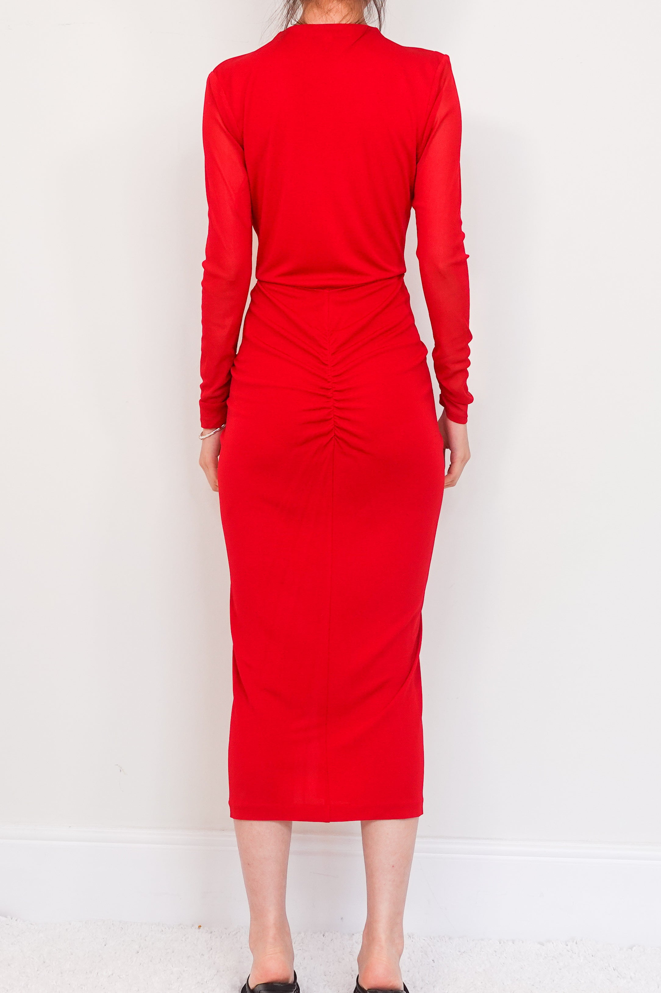 Red mesh ruched maxi dress